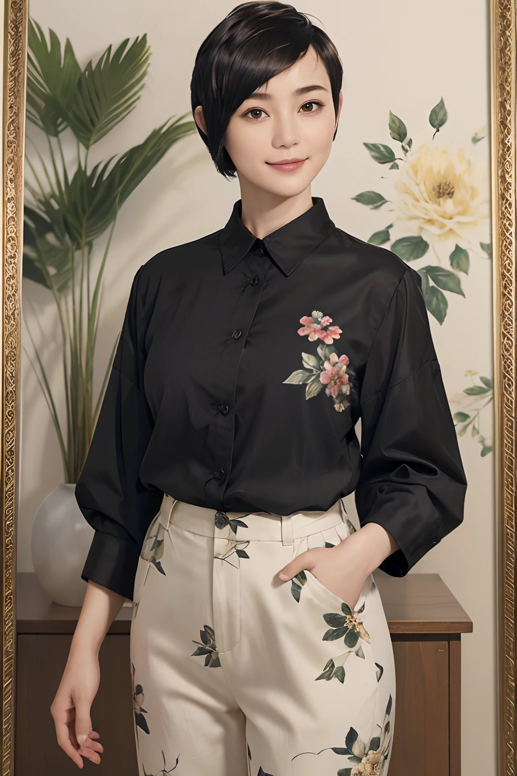 93
(a 20 yo woman,is standing), (A hyper-realistic), (masutepiece), ((short-hair:1.46)), (Smooth black hair), wear long pants, (Wearing a long-sleeved shirt with a floral print), (painterly、picture frame), (Gentle smile), (Keep your mouth shut)
