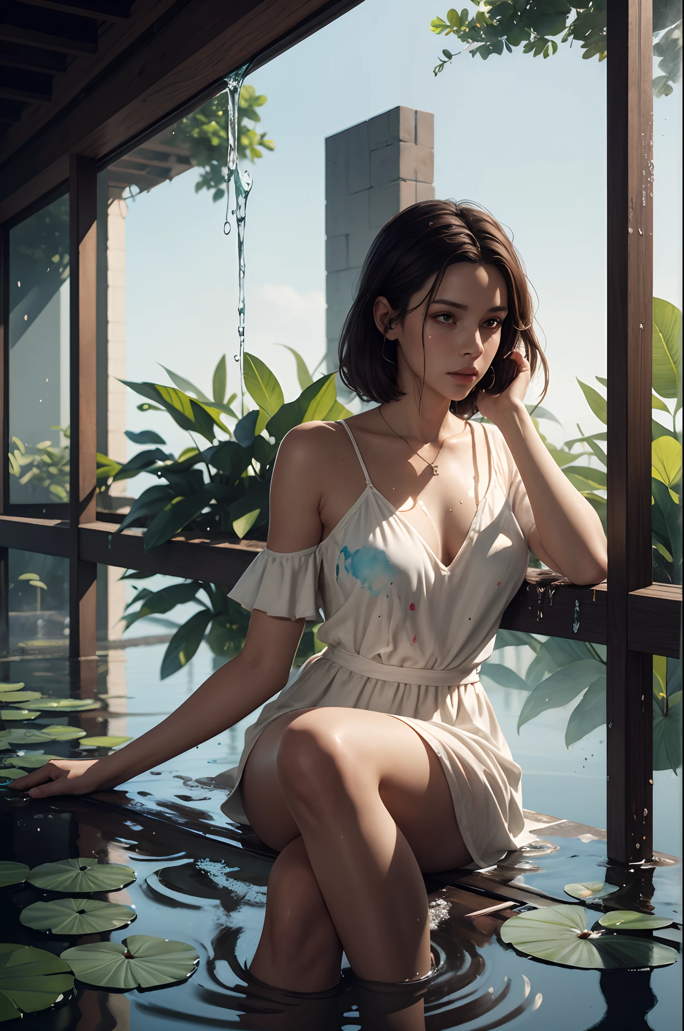 high quality, masterpiece, Watercolor, wash technique, colorful, full body, beautiful woman sitting on water lilies, water lilies, A painting with dripping and scattered paint, blurry, smudged outline, beautiful face, fantasy world, brown eye, brown hair, white dress, three dimensional effect, enhanced beauty, Albert Anker, Painting like Agnes Cecile, Feeling like John Howe, Greg Rutkowski, Artgerm, WLOP, Alphonse Beeple, luminism, 3d render, octane render, cinematic, Isometric, by yukisakura, awesome full color,