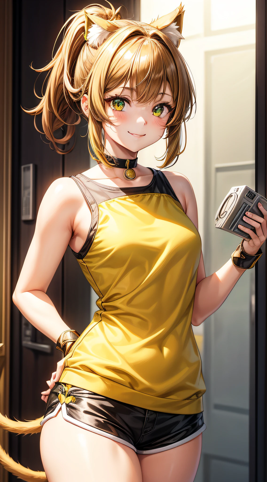 Young Girl, short brown hair, High Ponytail, Heterochromia, Green and yellow eyes, Smile, Cat ears, Yellow tight sleeveless uniform, Tight shorts, diadems, Gold Element, she-ra, masutepiece, hiquality, 4K, hard disk, good detail