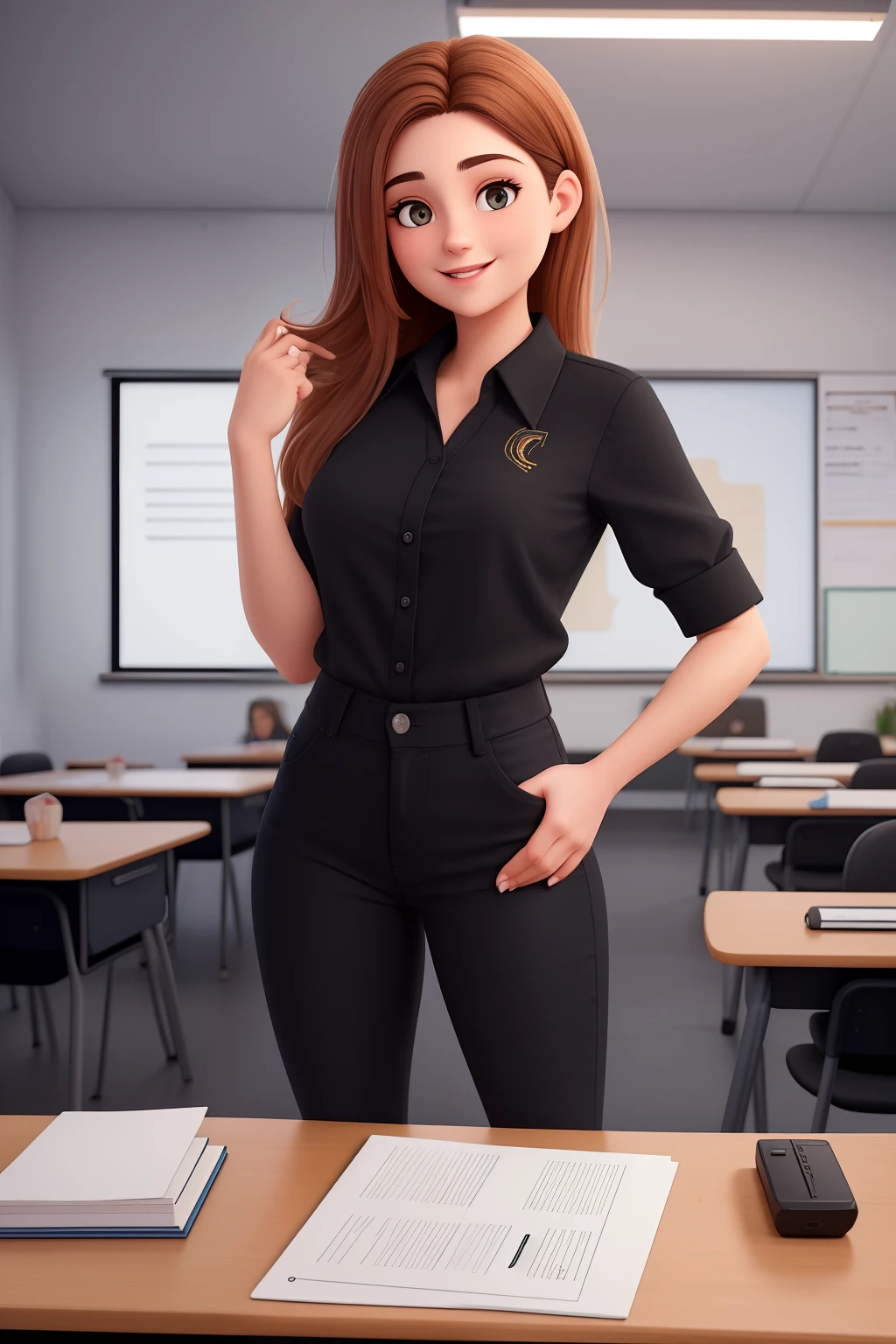 Uma mulher de 18 anos, com longos cabelos castanhos escuros , Rosto redondo, sorriso encantador, e olhos castanhos, In a classroom, studio lighting, sign language interpreter and sign language teacher. She's wearing black clothes, blouse and black jeans