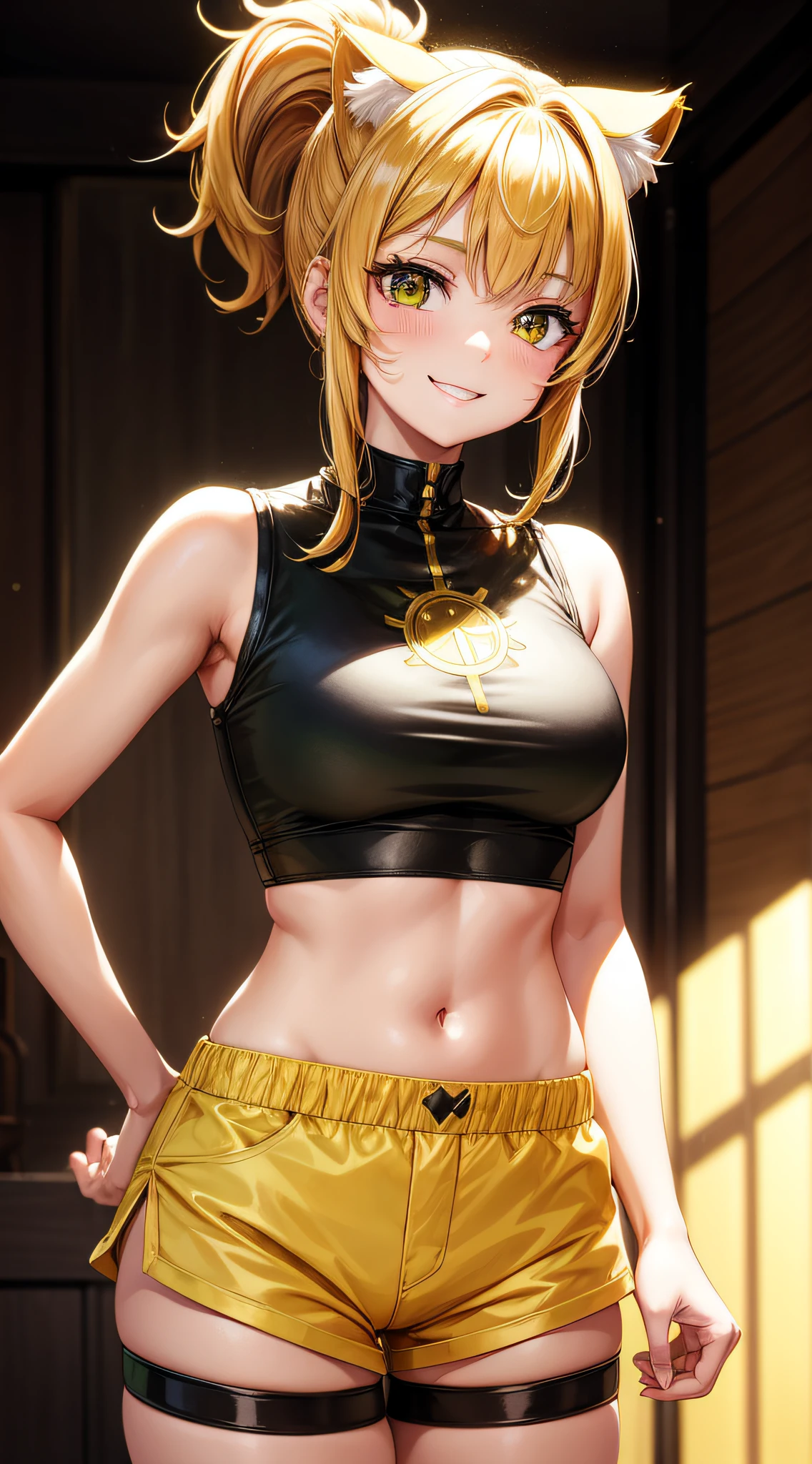 elesa, yellow short hair, black leggings, yellow suspender bikini, black tank top