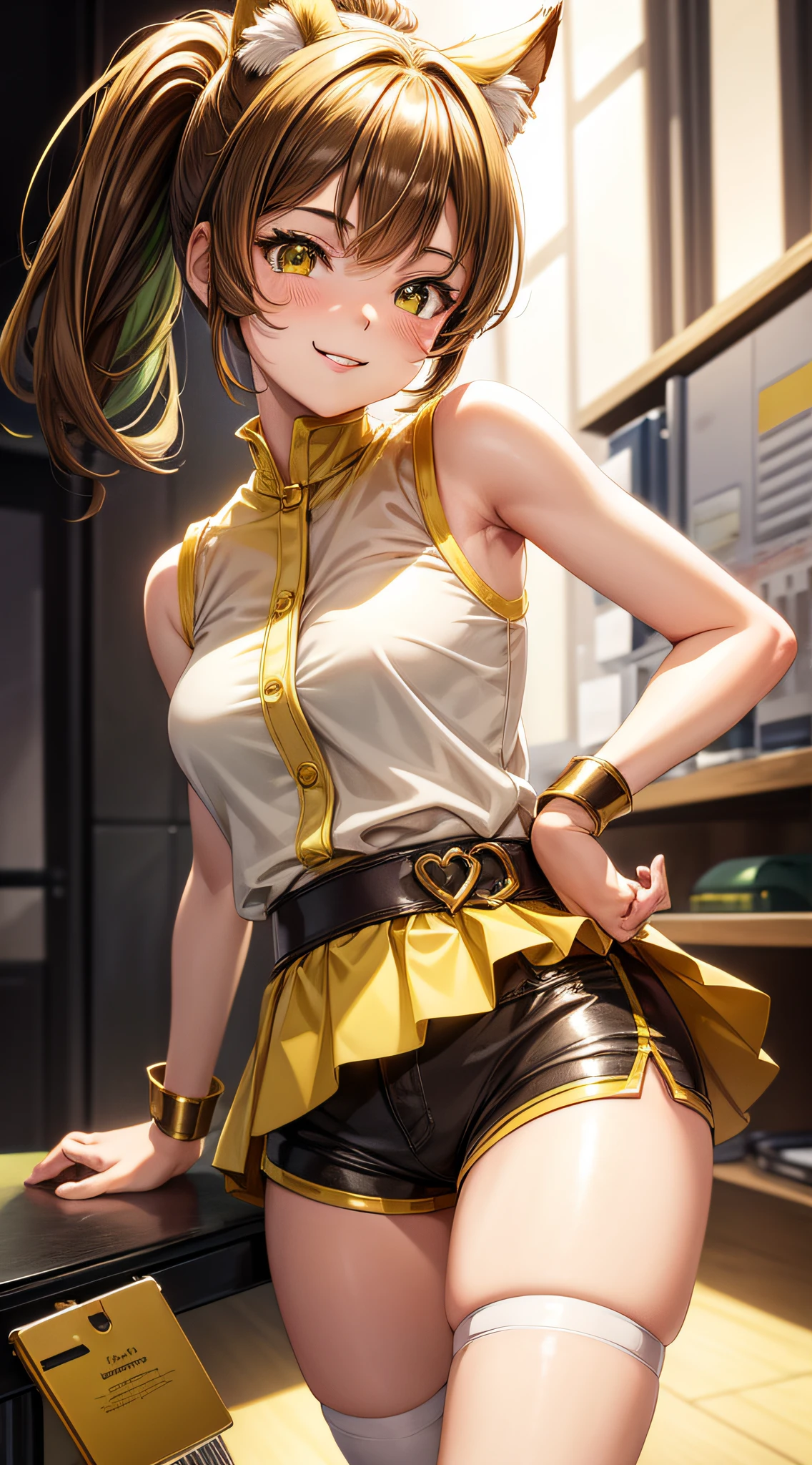 young girl, short brown hair, high ponytail, Heterochromia, green and yellow eyes, Smile, cat ears, Yellow tight sleeveless uniform, tight shorts, diadem, Gold Elements, She-ra, Masterpiece, hiquality, 4k, HD, Good detail
