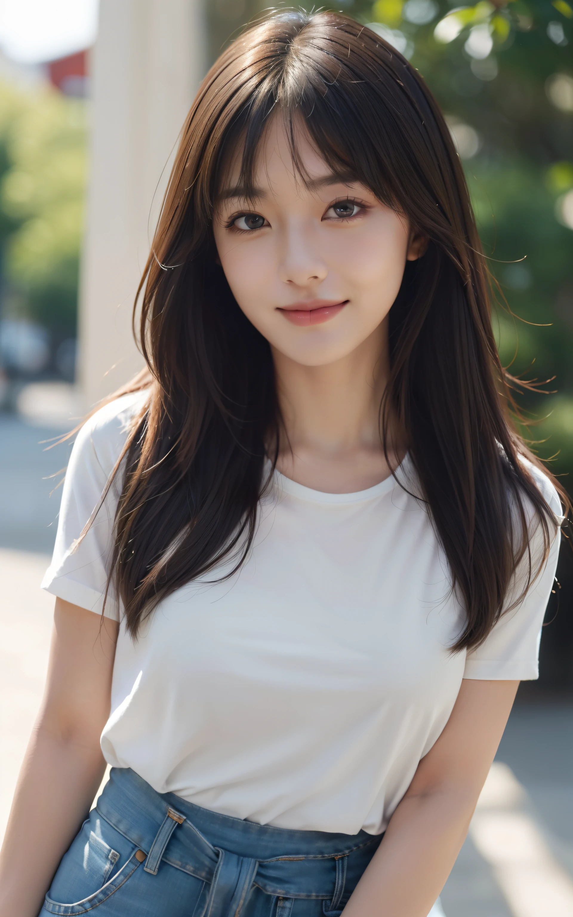 Masterpiece, Best picture quality, High quality, Beautiful woman, Japanese, Detailed, Detailed eyes, Detailed skin, Beautiful skin, 超A high resolution, (reality: 1.4),Very beautiful, Slightly younger face, Beautiful skin, Slender, (Ultra photo realsisim), (A high resolution), (8K), (Very detailed) (Beautifully detailed eyes), (Super detailed), T-shirt, Pants, (the wallpaper), (Detailed face), view the viewer, Fine details, Detailed face, Smiling, Staring straight ahead, Staring straight ahead, angle from waist up, Realistic photo, Bright lighting, Professional lighting, Mature woman, Brown hair, Sway in the wind Shoulder-length straight hair, Long stylish bangs,