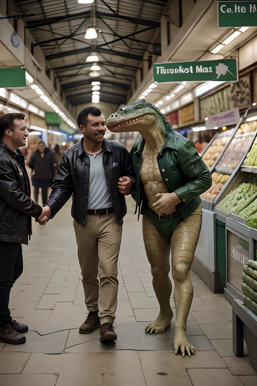 a crocodile walking through the market and wearing jacket and shaking hands with people