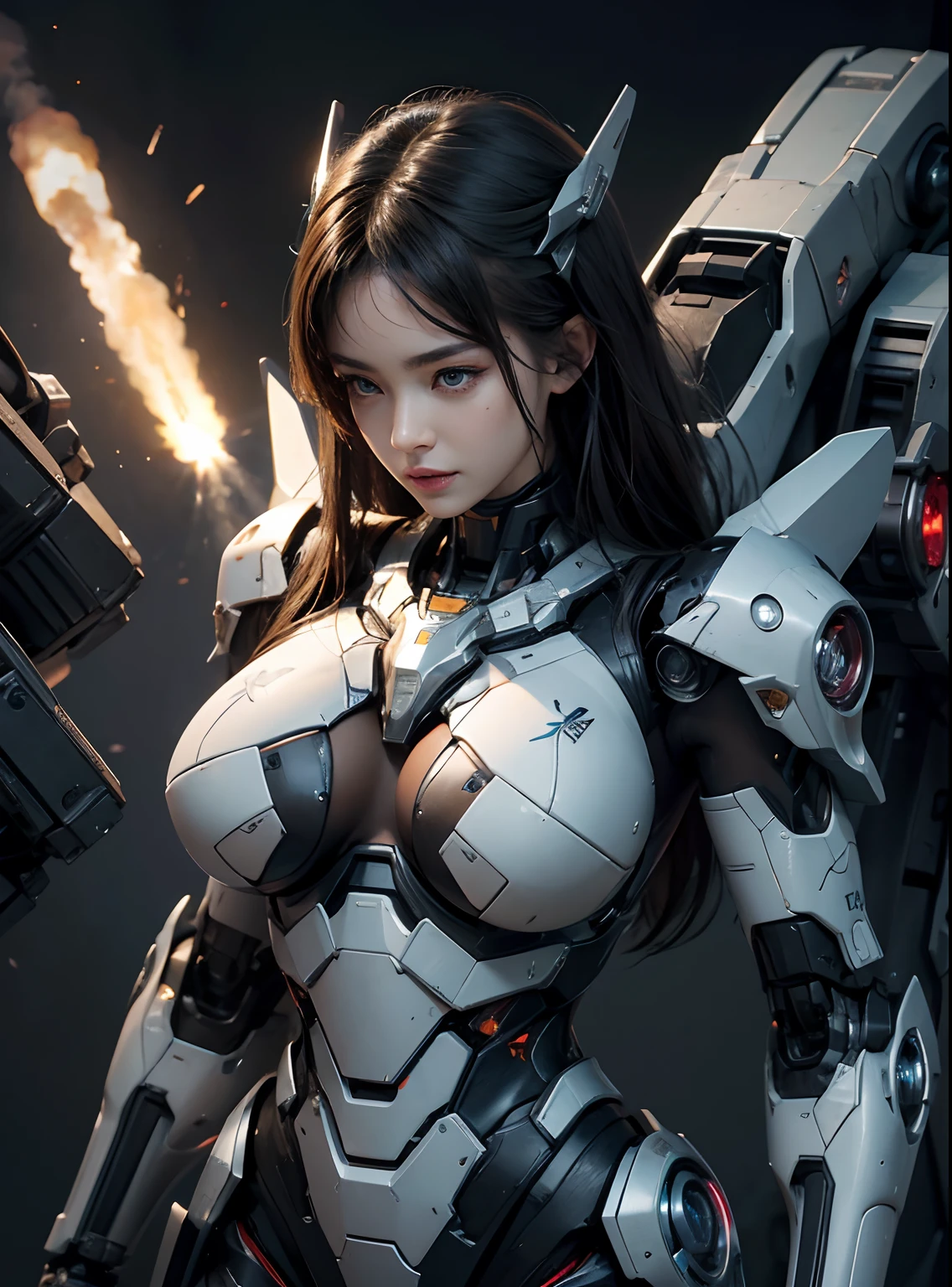 Textured skin, Super Detail, high details, High quality, Best Quality, hight resolution, 1080p, hard disk, Beautiful,(cyborgs),((Missile-shaped boobs)),(Machine gun on the back),beautiful cyborg woman,Mecha Cyborg Girl,Battle Mode,Girl with a Mecha Body,She wears a battle cyborg mech with a weapon,Fulll body Shot