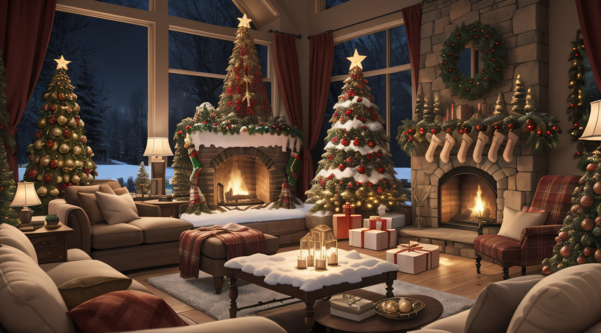 Living room with Christmas tree and fireplace, christmas night, A cozy place, Cozy room, cozy environment, true realistic image, Very cozy, cozy home background, 8 K реалистичный гипердетализированный, cozy environment, Festive atmosphere, Cozy enchanted scene, full resolution, cozy atmosphere, Snowy Winter Christmas Night, Thomas Kinkade. Nice cosy room, Сцена 8K