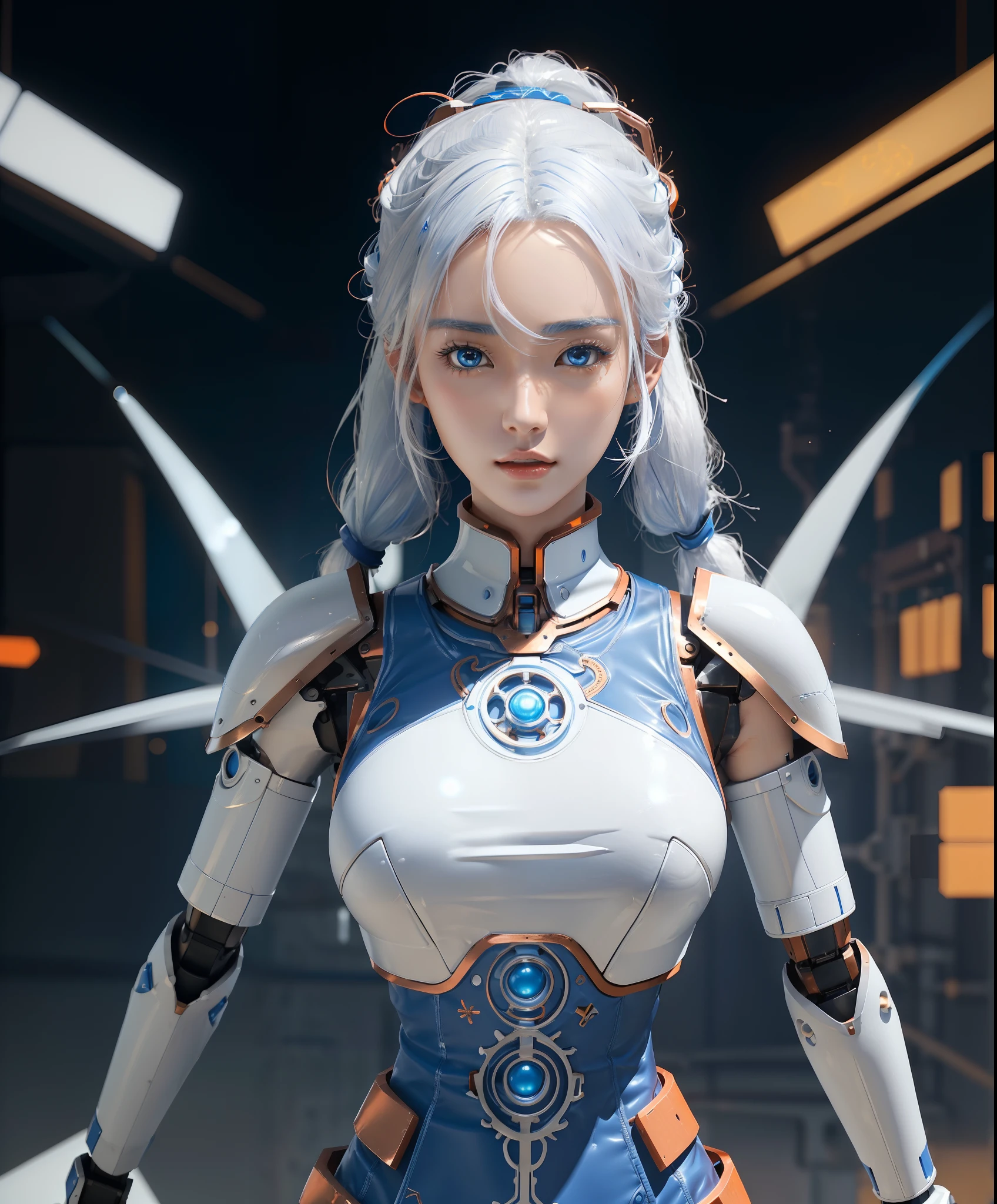 Woman in her 20s, Korean, (Perfect face), defined jawline, Beautiful lips, (beautiful bright blue eyes), (White hair, pony tails), (Perfect anatomy), (atheletic body), (Sexy), (Perfect hands), (Intricate geometric robot white body armor, Orange and bronze decorations), (view the viewer), (medium shot photograph), (Futuristic industrial factory background), Photorealistic