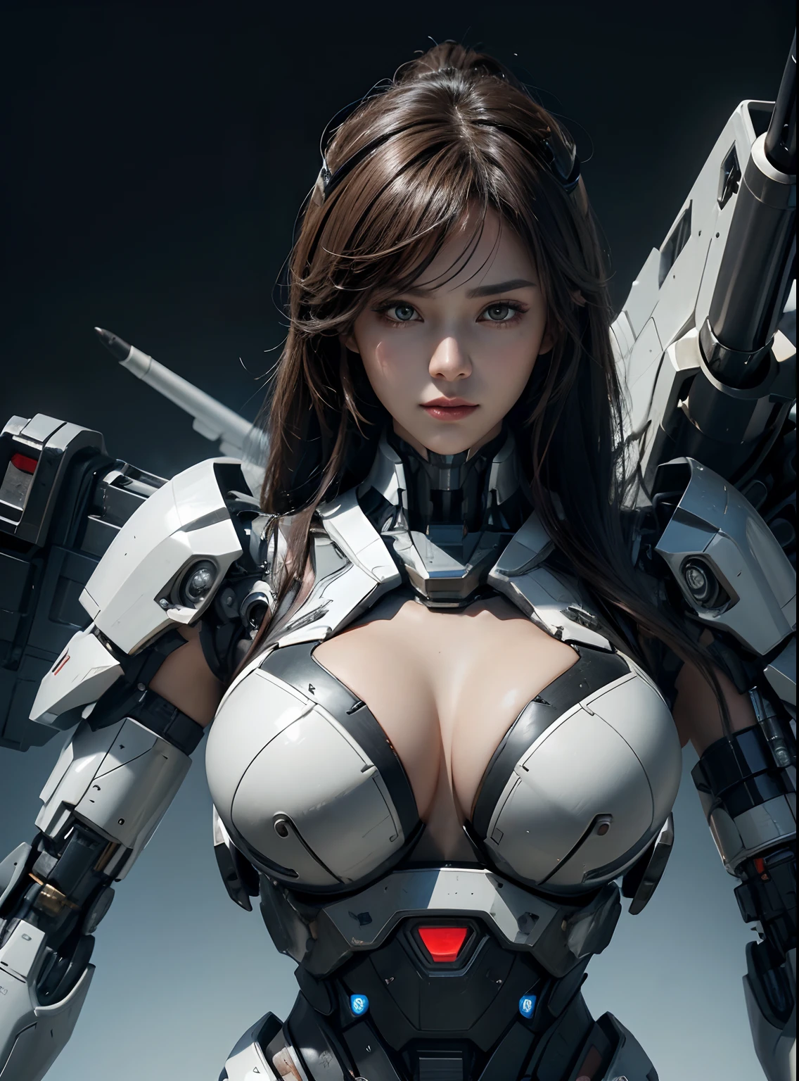 Textured skin, Super Detail, high details, High quality, Best Quality, hight resolution, 1080p, hard disk, Beautiful,(cyborgs),((Missile-shaped boobs)),(Machine gun on the back),beautiful cyborg woman,Mecha Cyborg Girl,Battle Mode,Girl with a Mecha Body,She wears a battle cyborg mech with a weapon,Fulll body Shot