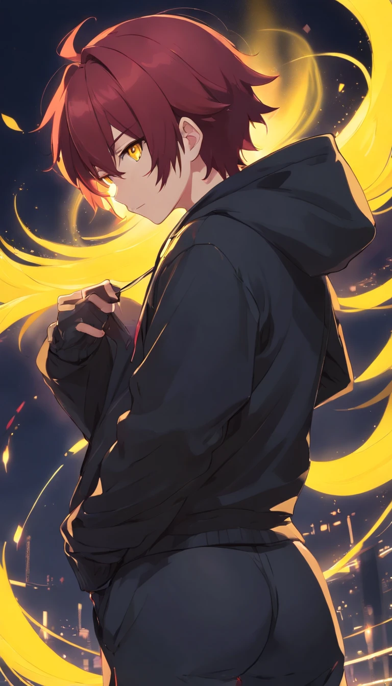 1 male human、Red-haired、Huge ass、black rubber suit、yellow eyes、short-haired、wide hips、Mokkori、Skunk ears、Skunk tail、tuxedo、Yellow hoodie、Shota、shoun、black backgrounds