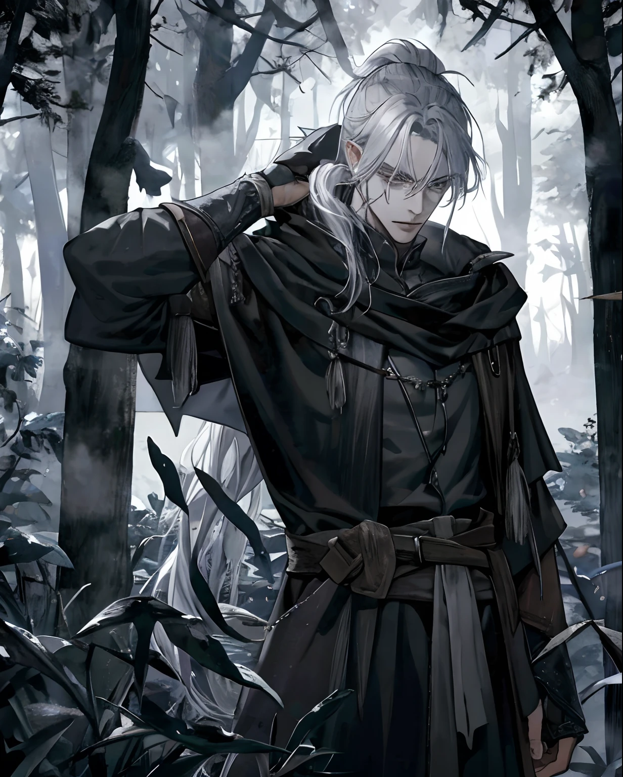 1male, beautiful, silver hair with low ponytail, dark grey eyes, detailed eyes, black cloak, dark sorcerer, rogue mage, alone in a dark forest, depressed, medieval fantasy, blood magic, condescending