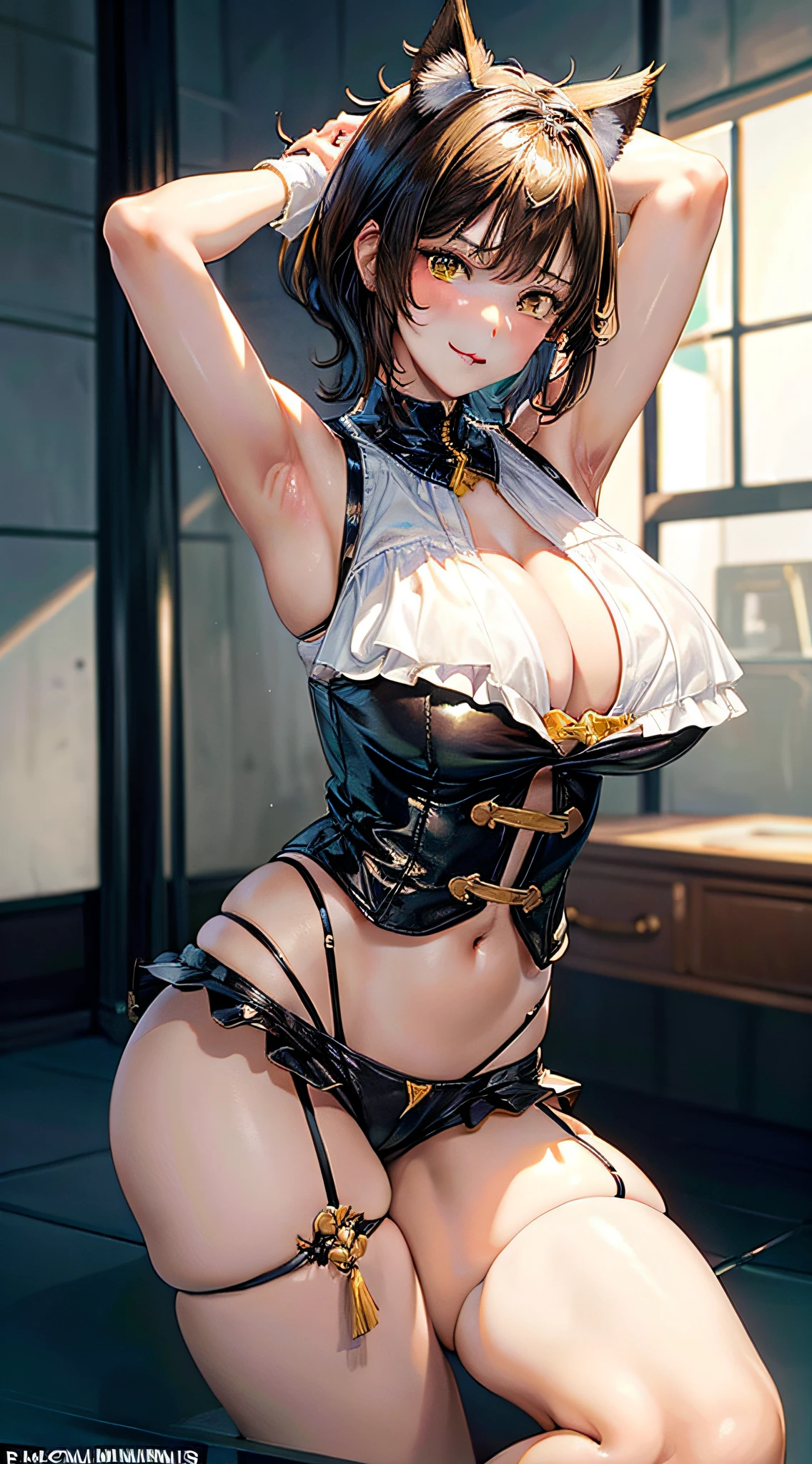 Young Girl, short brown hair, High Ponytail, Heterochromia, Green and yellow eyes, Smile, Cat ears, Yellow tight sleeveless uniform, Tight shorts, diadems, Gold Element, she-ra, masutepiece, hiquality, 4K, hard disk, good detail、nsfw,((shibari)), ((arm behind back)),(((fully tied up))), ((pillory)),restrained,((top-quality、8k、masterpiece:1.3))、Crisp focus:1.2、Beautiful woman with perfect body shape:1.4、Slender abs:1.2、((layers-Cut、huge tit:1.2))、a wet body:1.5、Highly detailed facial and skin texture、A detailed eye、二重まぶた、Bery short hair,BDSM,slave,Black corset,shackle,gargantilha,from below,angry,Leather Panties