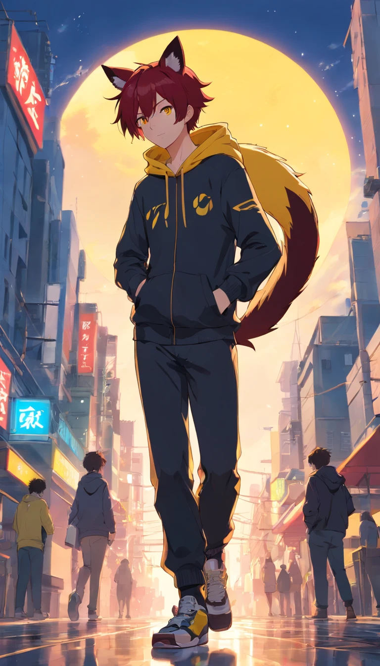 1 male human、Red-haired、Huge ass、black rubber suit、yellow  eyes、short-haired、wide hips、Mokkori、Skunk ears、Skunk tail、tuxedo、Yellow hoodie、Shota、shoun
