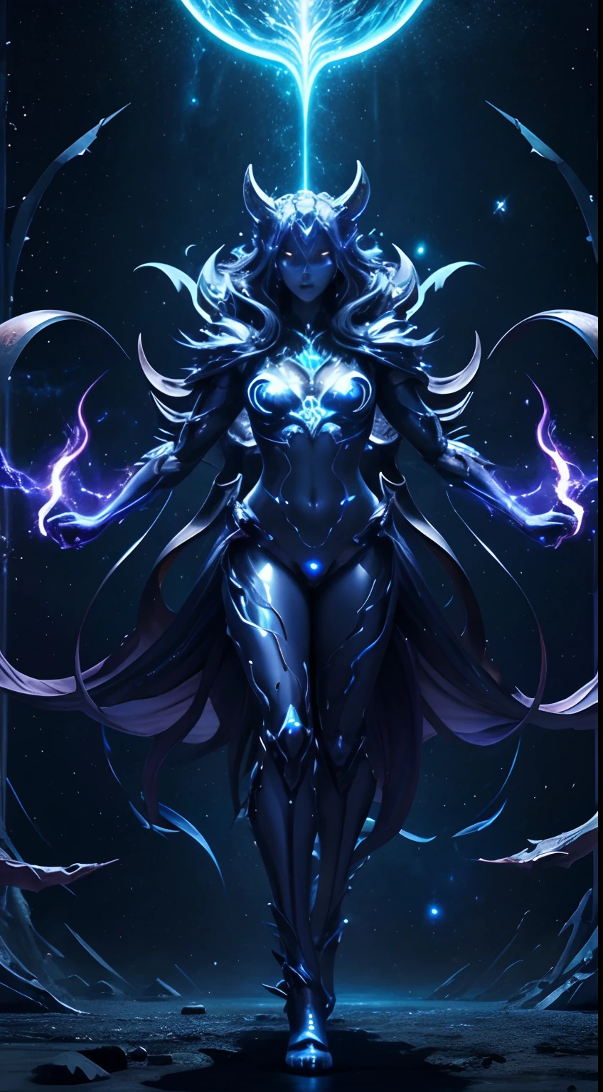 Gemini Beast Attack,Part of Gemini、Full body,Anthropomorphic Gemini、glowing body、Female Body Line、cruel、Realistic Digital, Humanoid、Convoluted, epicd, Dramatic, masutepiece, high detailing, Best Quality, 超A high resolution、cosmic space、Horror movie lighting