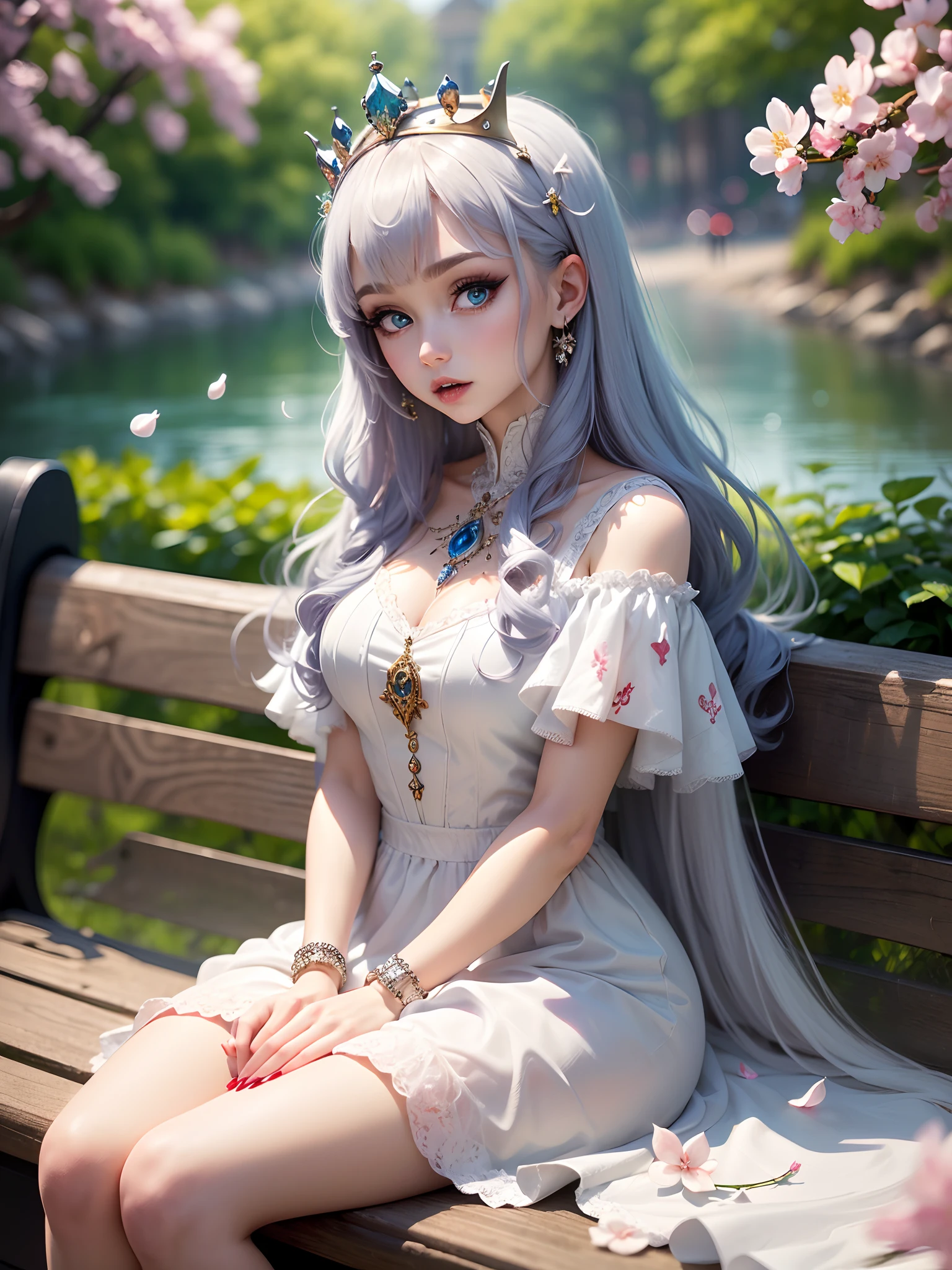 Top quality, 8k, 32k, Masterpiece, photo realistic, realistic, beautiful cosplay girl sitting on a bench in the park with blue hair, seductive cosplay girl, trending on artstation pixiv, cosplay goddess, beautiful cosplay girl squatting, fine anime cg art, 8k high quality detail art , [4k digital art]!!, professional makeup, necklace, very big breasted woman, (seductive pose), Sexy, beautiful white face shining, beautiful face, pink cheeks, beautiful lips, porcelain skin, detail intricate, super detailed, super high, highest detailed, high detailed, delicate, incredible detailed, fine detailed, cinematic lighting, top quality, masterpiece, smooth and beautiful, CG , unity, 8k wallpaper, Stunning, fine detail, unity CG wallpaper 8k ultra detailed, large file size, ultra detailed, high resolution, incredible detail, stunning detail, depth of field, oil painting effect in Rembrandt art style, concept portrait art in Stanley Artgerm Lau style, WLOP, trending on Artstation, epic, trend in society, detailed digital painting, very high quality model.