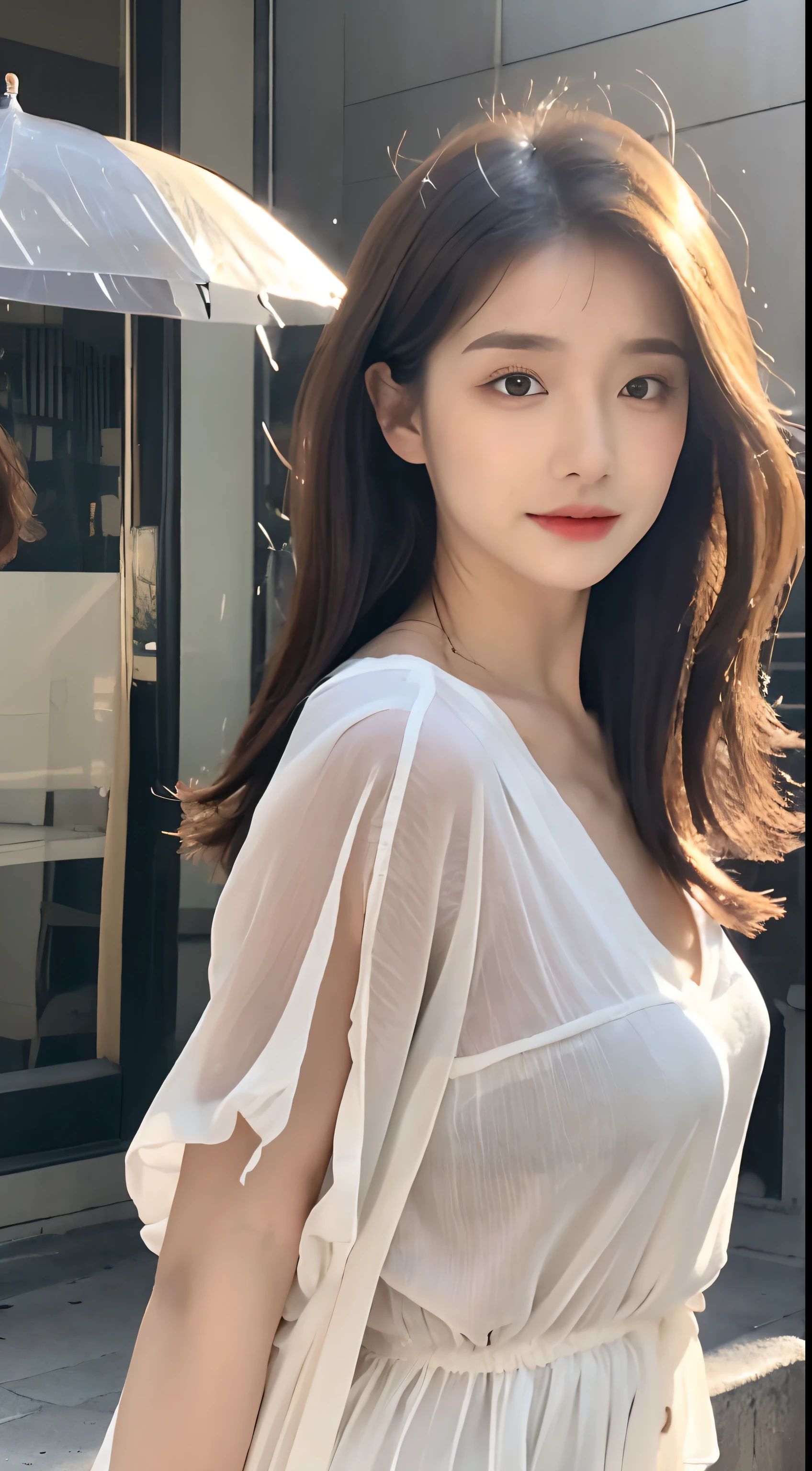 (1 Korean girl with royal sister style), ((best quality, 8k, masterpiece: 1.3)), (front photo), perfect body beauty: 1.4, smile), (Street: 1.3), highly detailed face and skin texture, delicate eyes, double eyelids, whitened skin, (shawl hair: 1.3), (round face: 1.5), (slip dress: 1.4),