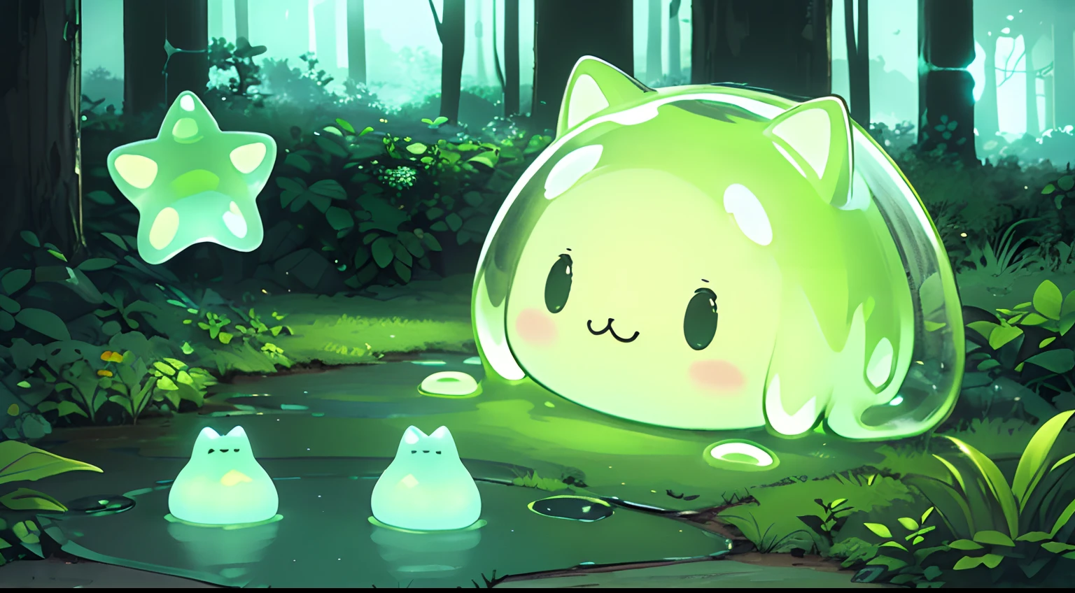 Cute simple slime alone in a dark forest at night, (1 solo slime), forest view, (at mid night, dynamic landscape angle, landscape focus:1.2) (small simple white translucent bioluminescent cute slime that is alone, slime has 2 cat ears, :3 expression, squished down pose), add_detail:1.3