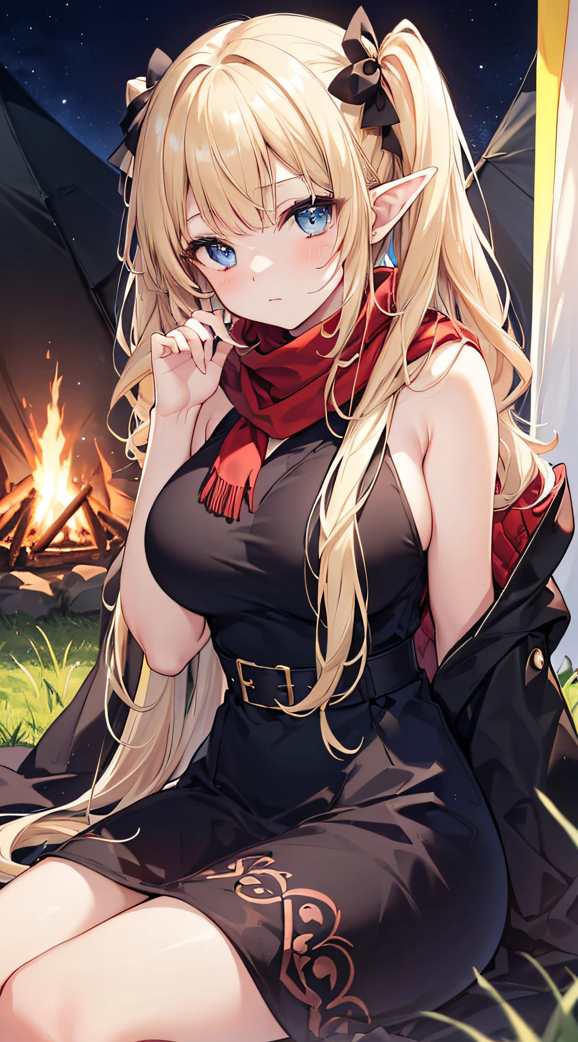 top-quality、Top image quality、masterpiece、An elf girl((18year old、Best Bust、big bast,Beautiful blue eyes、Breasts wide open, Blonde twintails、A slender,Large valleys、Reflecting the whole body、red scarf、Clothes in black robes、Physical education sitting))hiquality、Beautiful Art、Background with((Night Tent、camp fire、Large grasslands)))、,masutepiece、visualart、depth of fields、