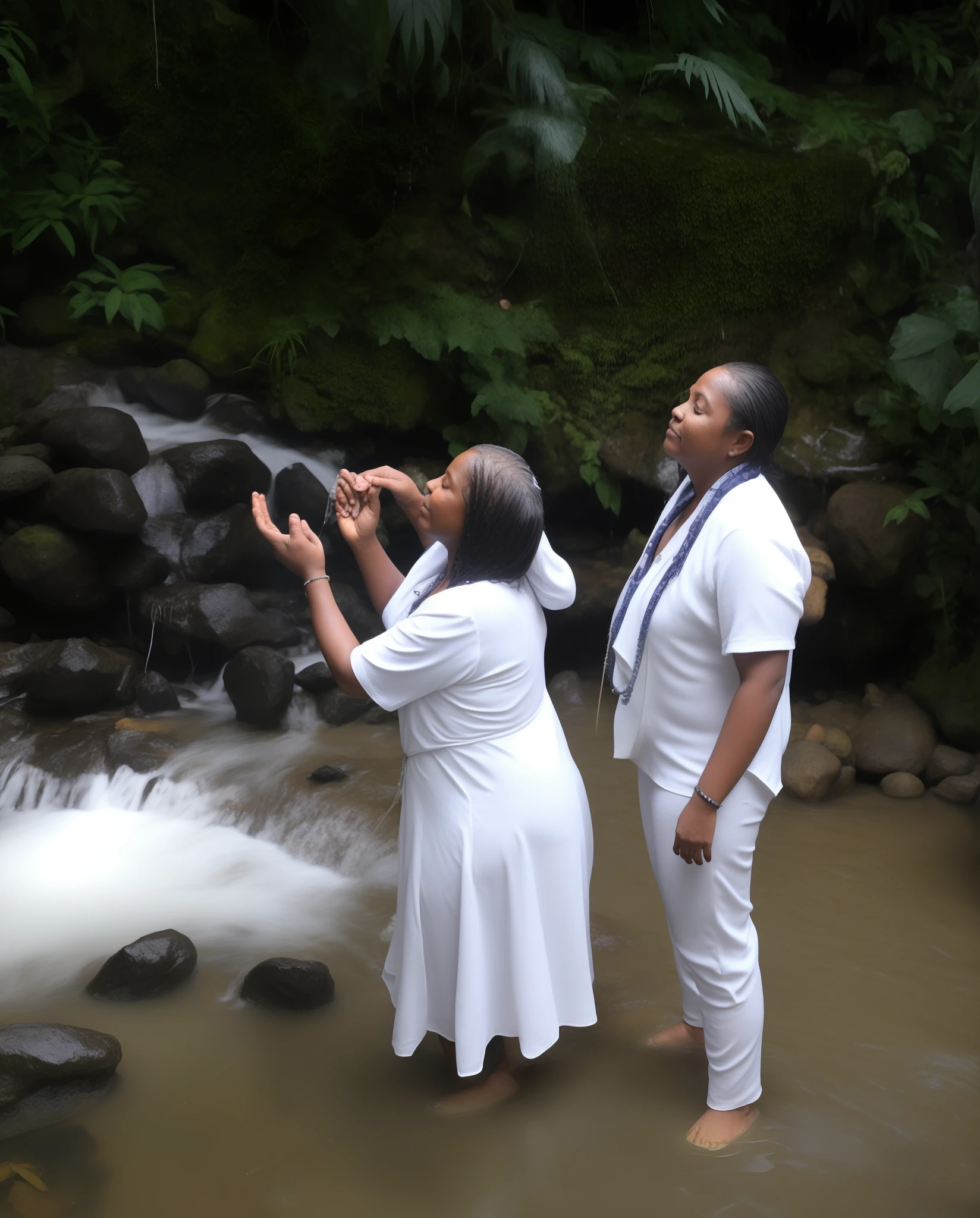 There are two people standing in the water near a waterfall, corrente de amor e felicidade, As Piscinas, vestindo vestes brancas!, com uma cachoeira, batismo, photo shoot, usando panos brancos, em jardins de maconha, com cachoeiras, peacefully drinking river water, dripping water, blessing the soil at night, Espumante no Riacho Fluindo, vestindo vestes brancas