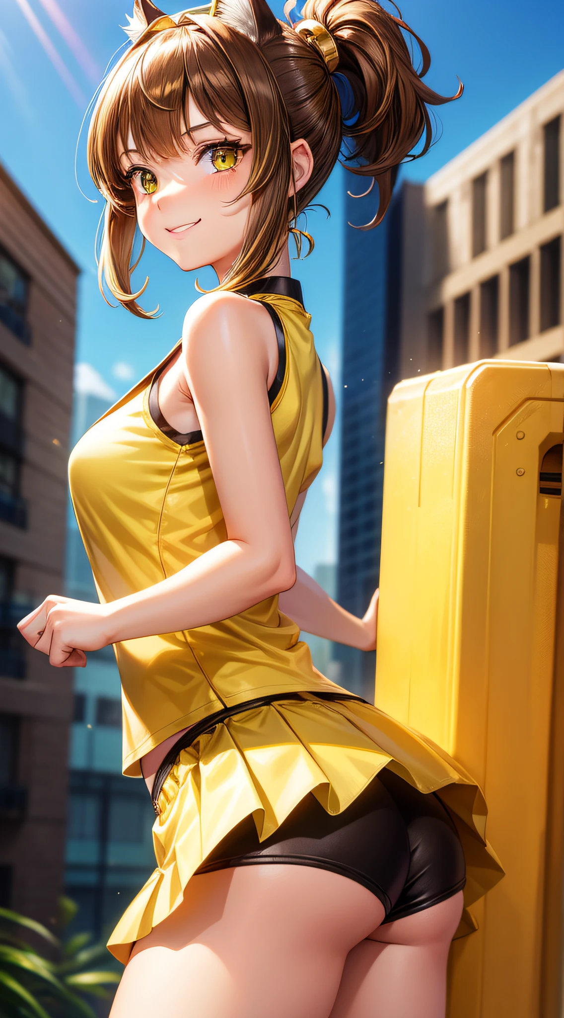 Young Girl, short brown hair, High Ponytail, Heterochromia, Green and yellow eyes, Smile, Cat ears, Yellow tight sleeveless uniform, Tight shorts, diadems, Gold Element, she-ra, masutepiece, hiquality, 4K, hard disk, good detail、Beautiful fingers