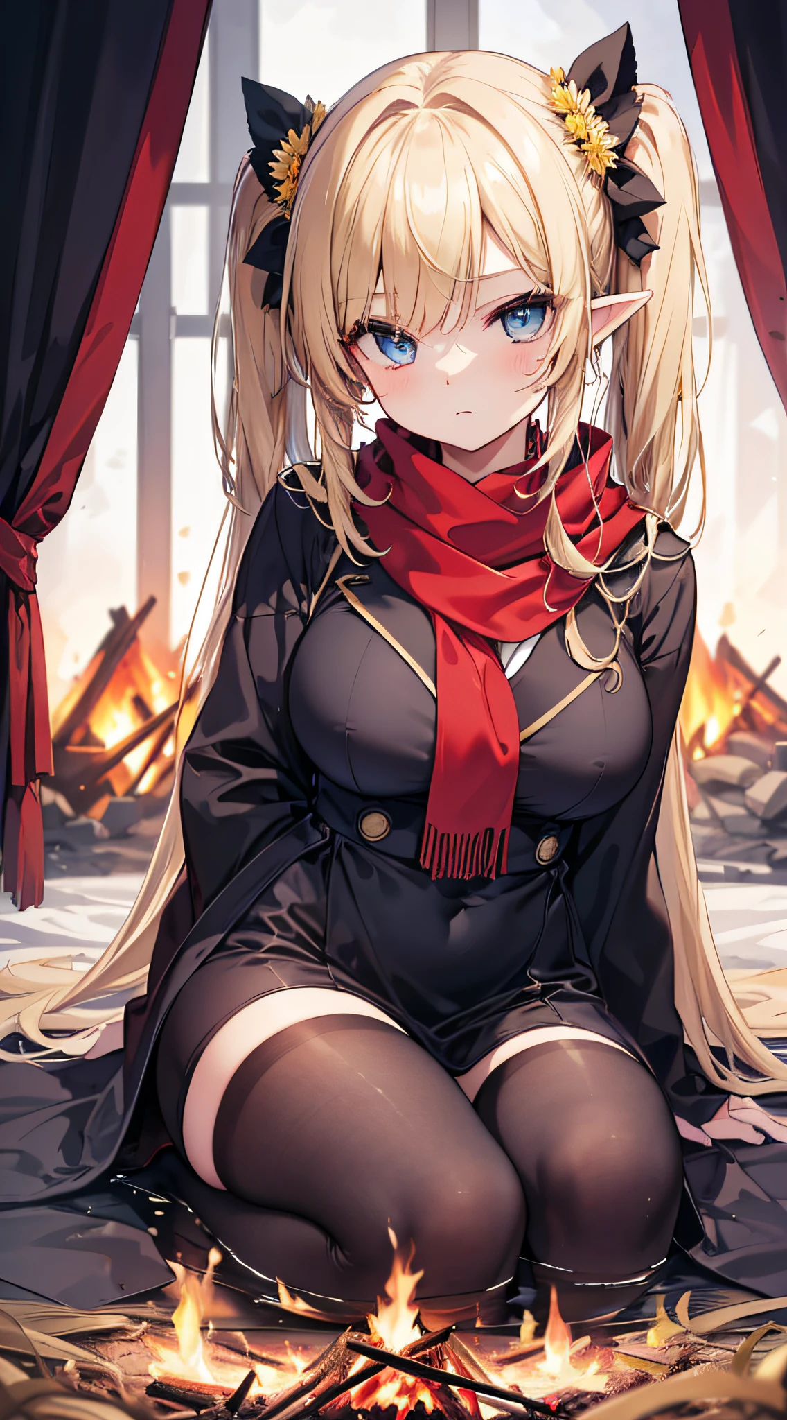 top-quality、Top image quality、masterpiece、An elf girl((18year old、Best Bust、big bast,Beautiful blue eyes、Breasts wide open, Blonde twintails、A slender,Large valleys、Reflecting the whole body、red scarf、Clothes in black robes、Physical education sitting))hiquality、Beautiful Art、Background with((Night Tent、camp fire、Large grasslands)))、,masutepiece、visualart、depth of fields、