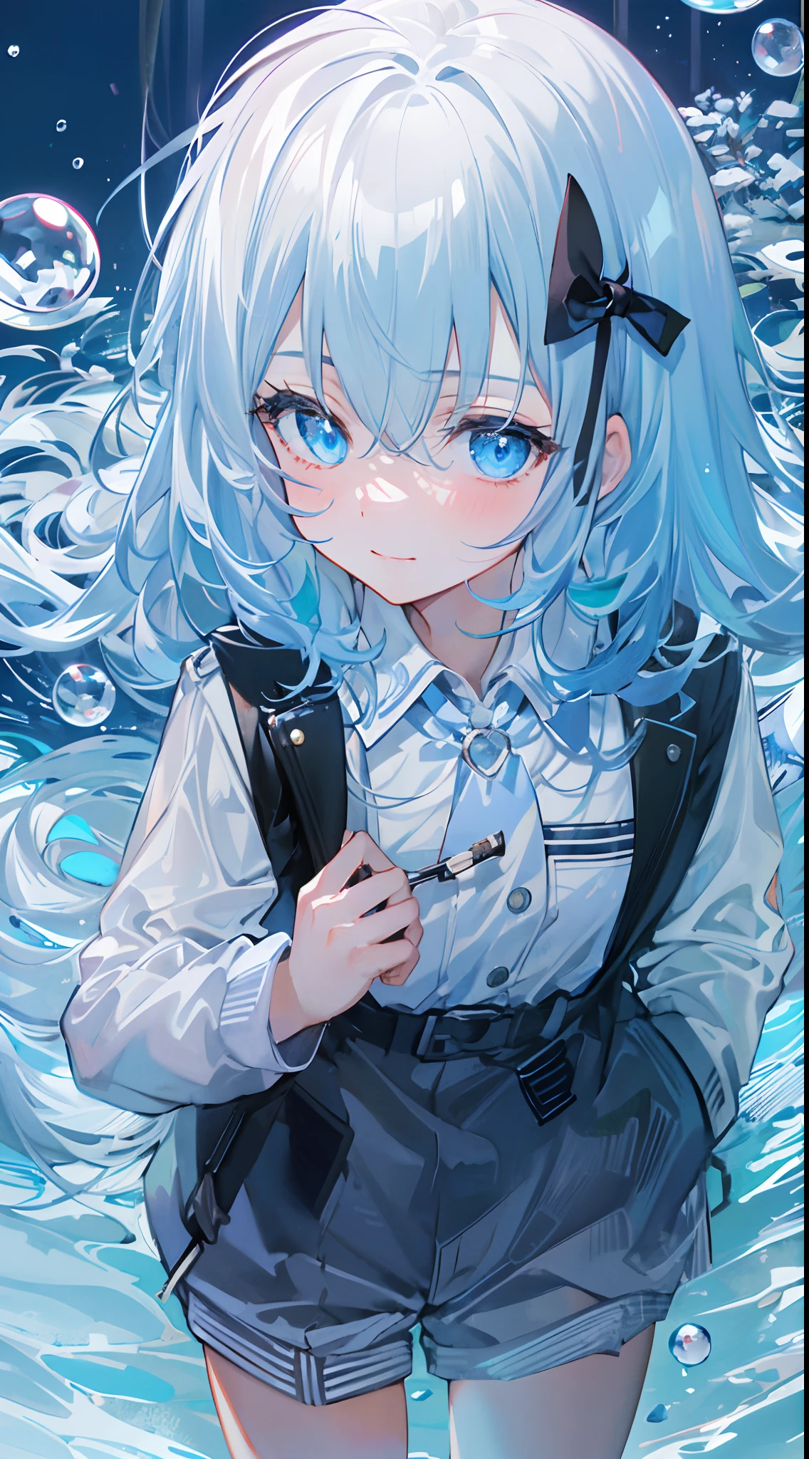 ((top-quality)), ((​masterpiece)), ((ultra-detailliert)), (Extremely delicate and beautiful), girl with, 独奏, cold attitude,((Black jacket)),She is very(relax)with  the(Settled down)Looks,A dark-haired, depth of fields,Evil smile,Bubble, under the water, Air bubble,bright light blue eyes,inner color with bright gray hair and light blue tips,,,,,,Cold background,Bob Hair - Linear Art, shortpants、knee high socks、White uniform like school uniform、Light blue ribbon ties、Clothes are sheer、Hands in pockets、Bright eyes like sapphire,Fronllesse Blue, A small blue light was floating、Upper Eyes、glass shards