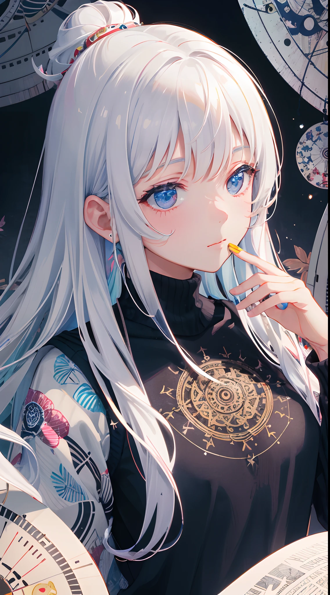 (8k, RAW photo, best quality, masterpiece:1.2), (extremely detailed CG, ultra-detailed, best shadow:1.1),1girl, solo, upper body, painting, drawing, paper texture, ultra high res, ((extremely detailed face)), flat color, limited palette, low contrast, mature women, best lighting, sweater, sleeping, sleeping beauty, closing eyes, black eyeliner,a girl falling in the air, clouds, blowing hair, closed mouth, white hair, white:1.6, (zentangle, mandala, tangle, entangle:1),