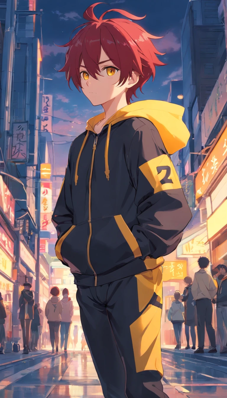 1 male human、Red-haired、Huge ass、black rubber suit、yellow  eyes、short-haired、wide hips、Mokkori、Skunk ears、Skunk tail、tuxedo、Yellow hoodie、Shota、