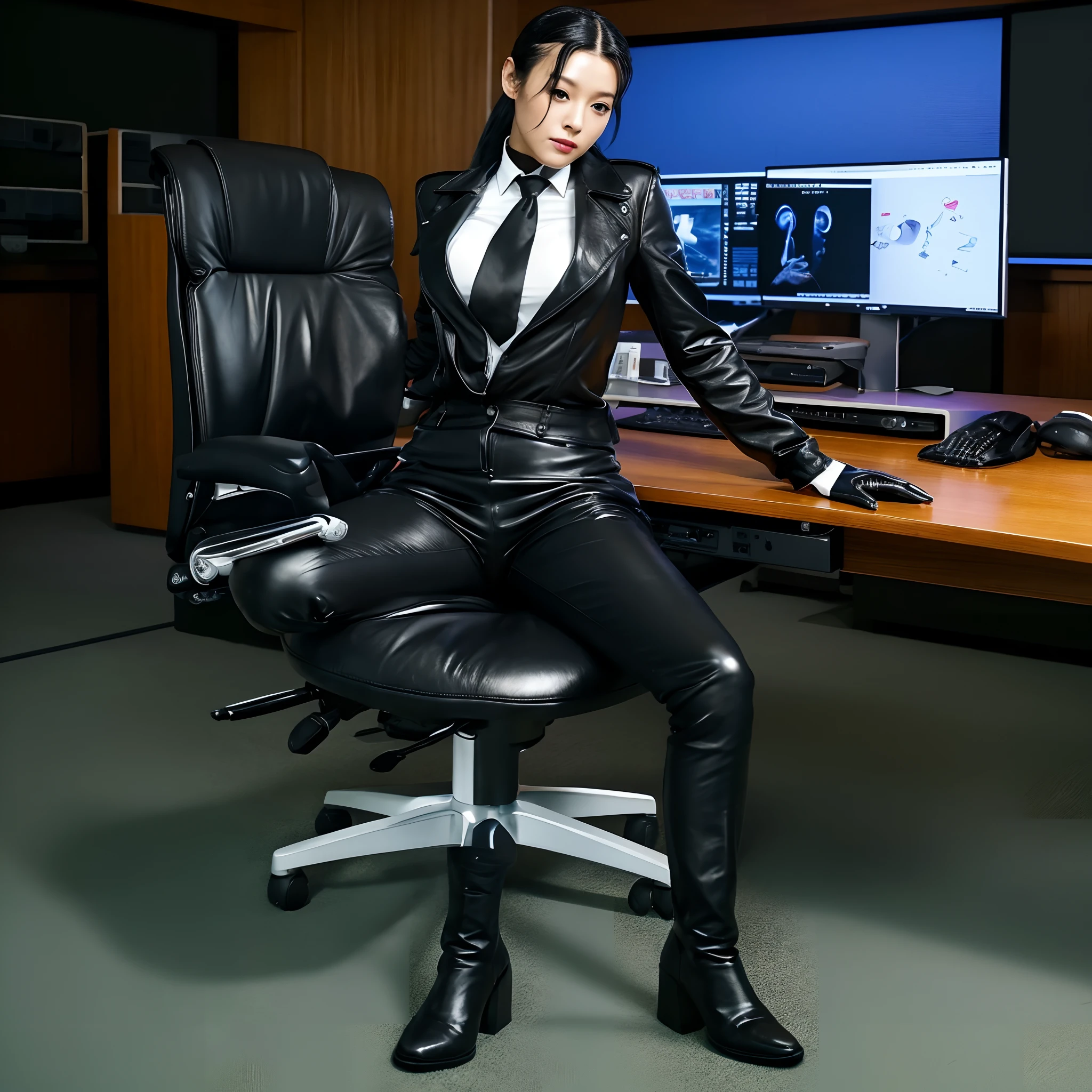 Wearing a black business pantsuit, Office in the Dark, facing a desk、While looking at the screen, he taps the keys on the black laptop keyboard with the fingertips of the black leather gloves of both hands,Sitting on a large chair with a black leather backrest、 Japan Female New Employees (Black leather gloves cover both hands) (The angle is frontal)、Black leather long boots、Black hair ponytail (He wears black leather gloves on both hands)