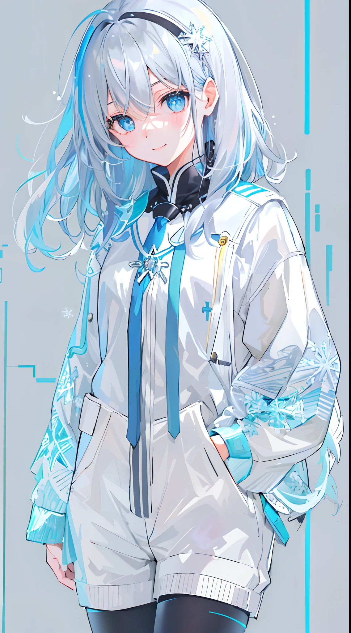 ((top-quality)), ((masterpiece)), ((ultra-detailliert)), (Extremely delicate and beautiful), girl with, 独奏, cold attitude,((Black jacket)),She is very(relax)with the(Settled down)Looks,A dark-haired, depth of fields,Evil smile,Bubble, under the water, Air bubble,bright light blue eyes,inner color with bright gray hair and light blue tips,,,,,,,Cold background,Bob Hair - Linear Art, shortpants、knee high socks、White uniform like school uniform、Light blue ribbon ties、Clothes are sheer、Hands in pockets、Bright eyes like sapphire,Fronllesse Blue, A small blue light was floating、Upper Eyes、glass shards、Snowflake eyes、fantastic eyes