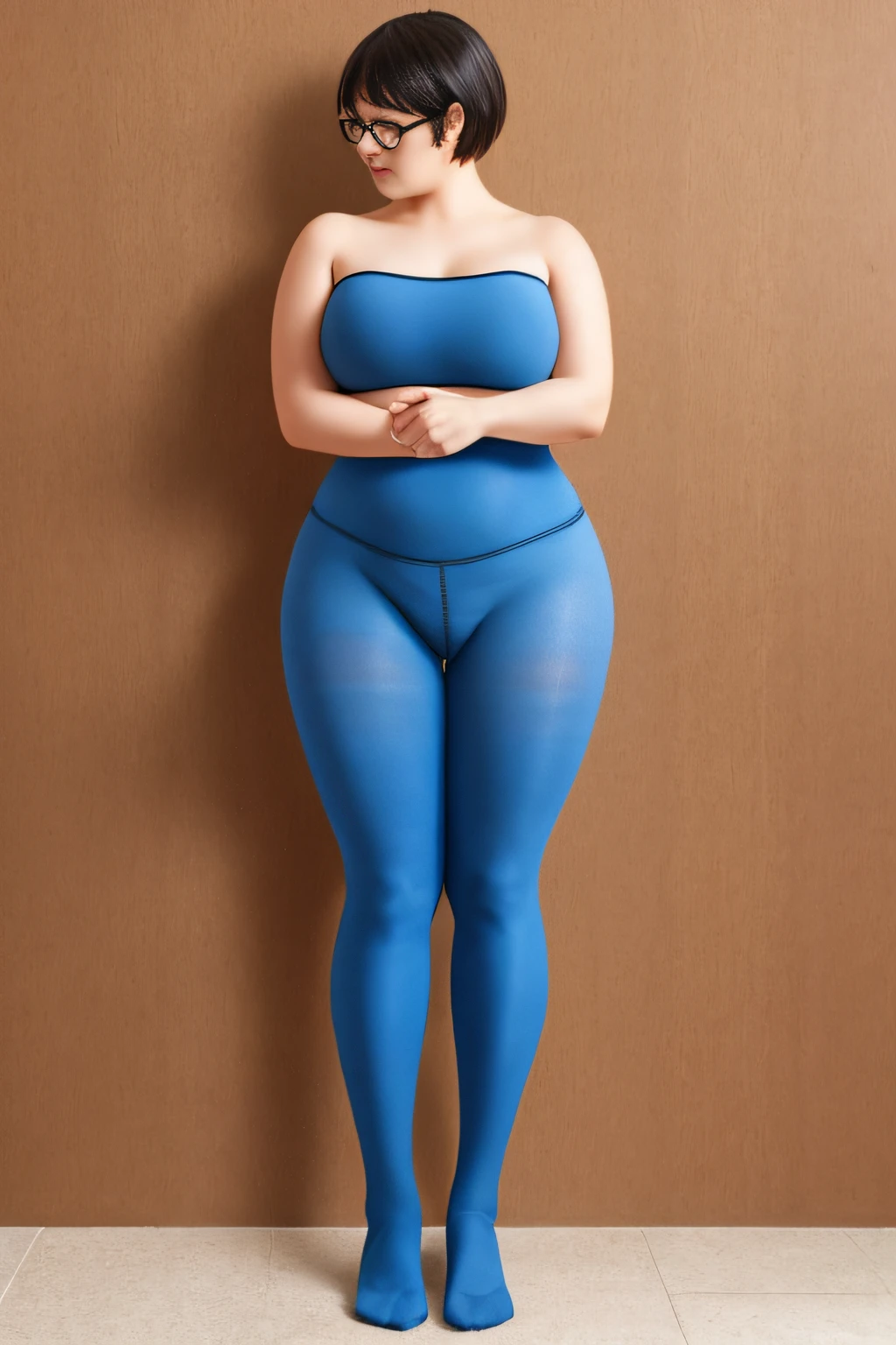 Woman with glasses,Tube Top,(Tight full-body tights),Shorthair woman,rather thick body shape,((Full body blue tights)),Naked man hugging his legs