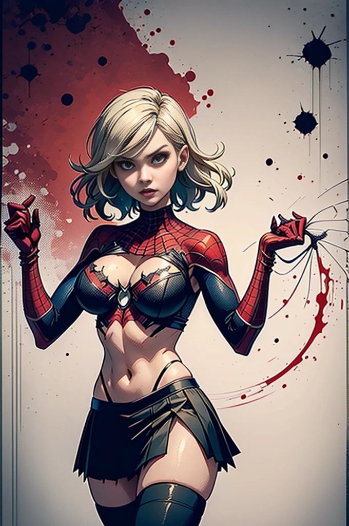 Elisha Cuthbert、Sticking out the navel、newyork、She wears a torn Spider-Man suit,wearing skirt、 Red and black color scheme,Dynamic、​masterpiece、top-quality、ultra-detailliert、ighly detailed、beautiful detailed brilliance、超A high resolution