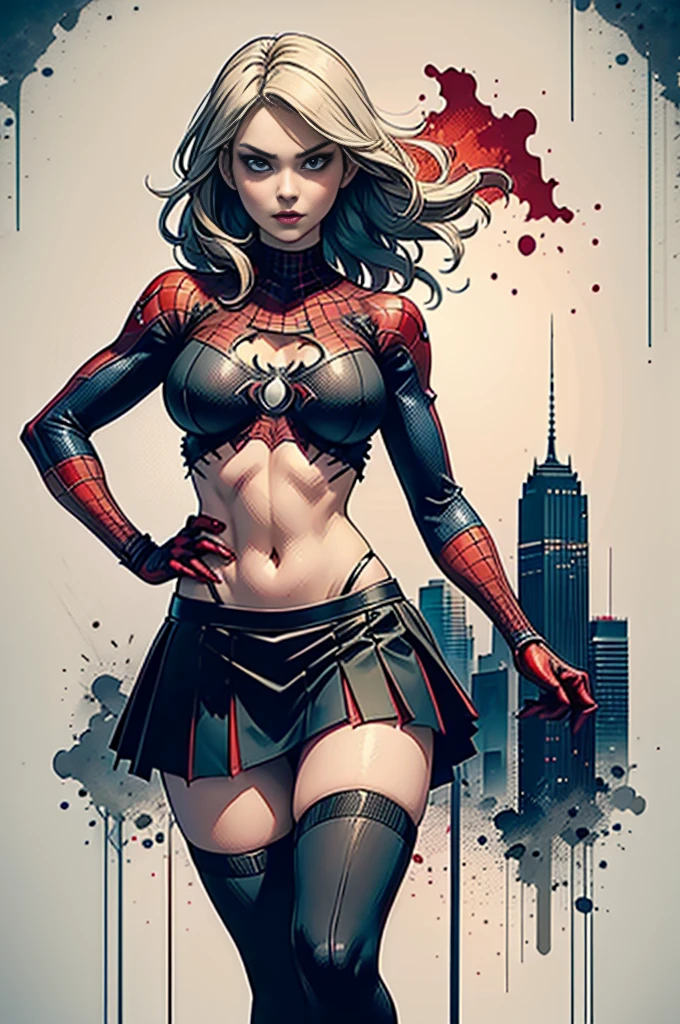 Elisha Cuthbert、Sticking out the navel、newyork、She wears a torn Spider-Man suit,wearing skirt、 Red and black color scheme,Dynamic、​masterpiece、top-quality、ultra-detailliert、ighly detailed、beautiful detailed brilliance、超A high resolution