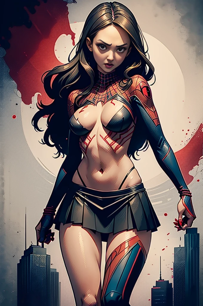 jessicaalba、Sticking out the navel、newyork、She wears a torn Spider-Man suit,wearing skirt、 Red and black color scheme,Dynamic、masterpiece、top-quality、ultra-detailliert、ighly detailed、beautiful detailed brilliance、超A high resolution