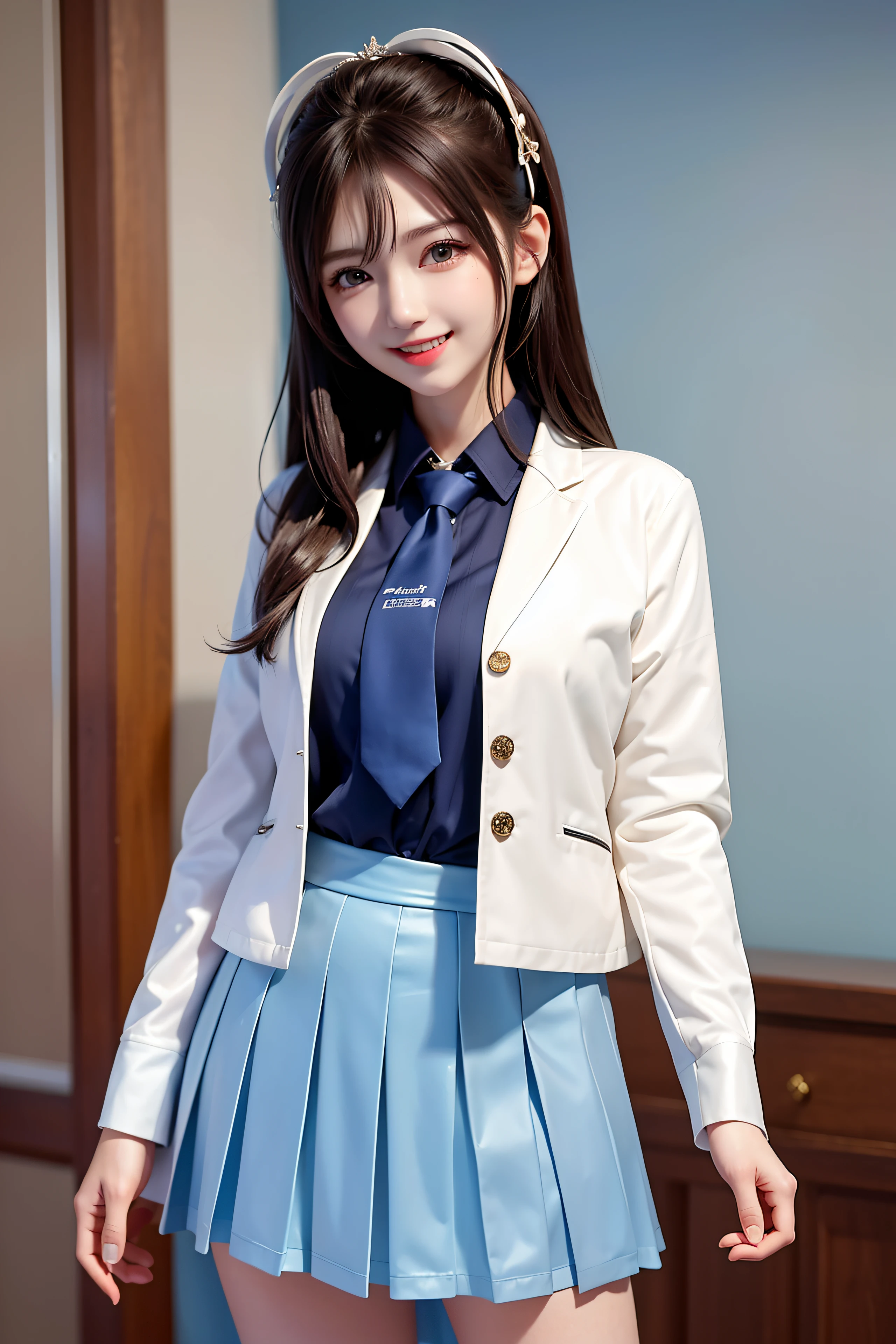 Masterpiece, Best quality, Ultra-detailed, 1girll, aris, White jacket, White shirt, a blue tie, Pleated skirt, Halo, Indoors, Smile