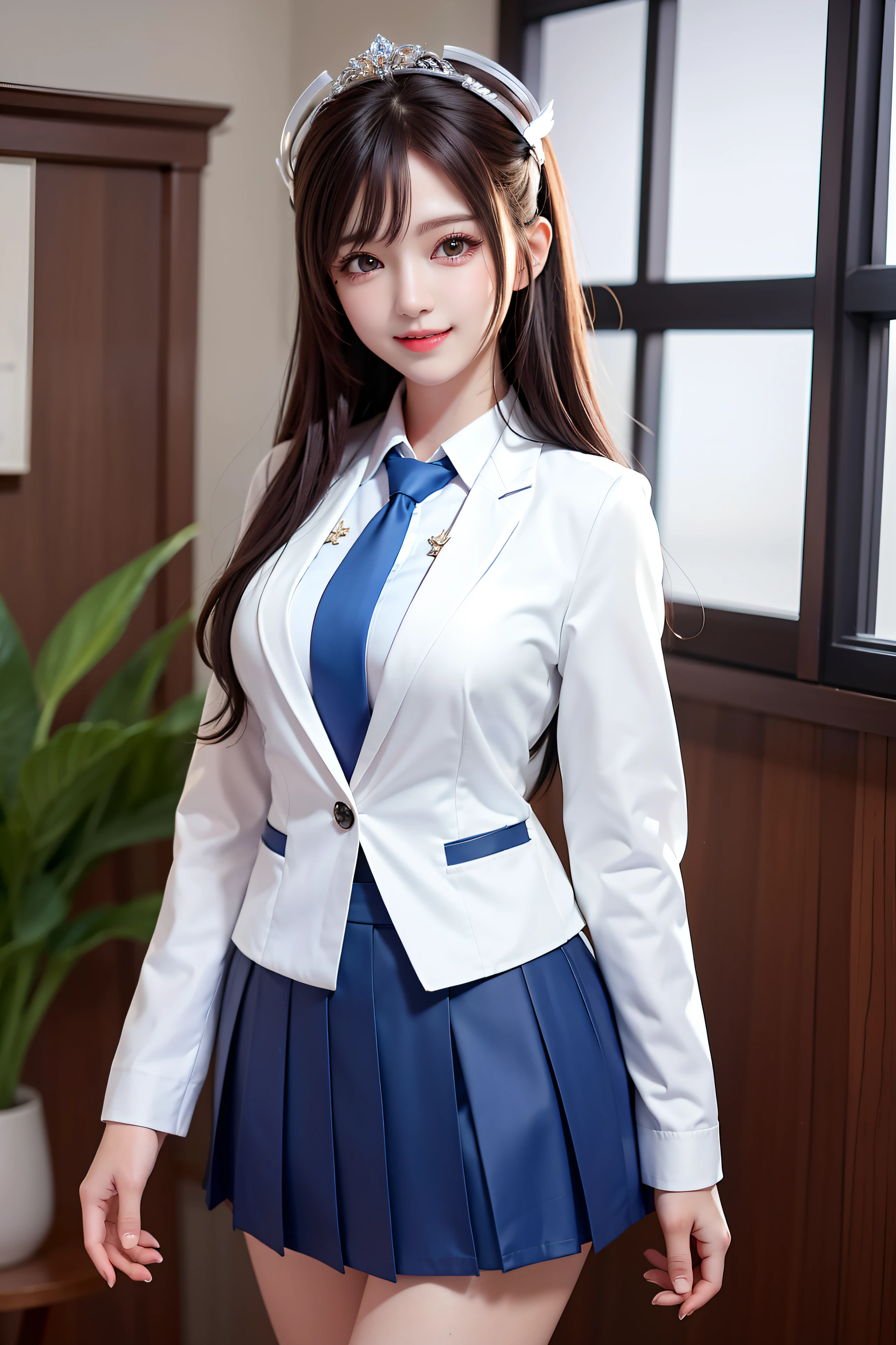 Masterpiece, Best quality, Ultra-detailed, 1girll, aris, White jacket, White shirt, a blue tie, Pleated skirt, Halo, Indoors, Smile