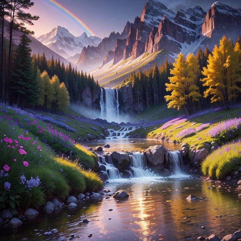 Purple flowers,moutains,the woods,small stream,waterfallr,rainbowing,the setting sun