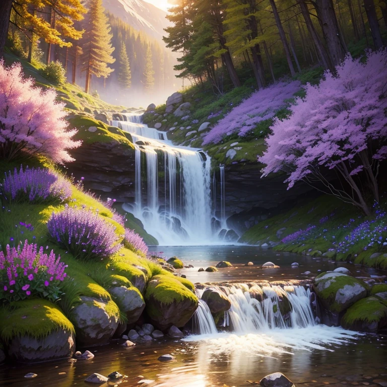 Purple flowers,moutains,the woods,small stream,waterfallr,rainbowing,the setting sun
