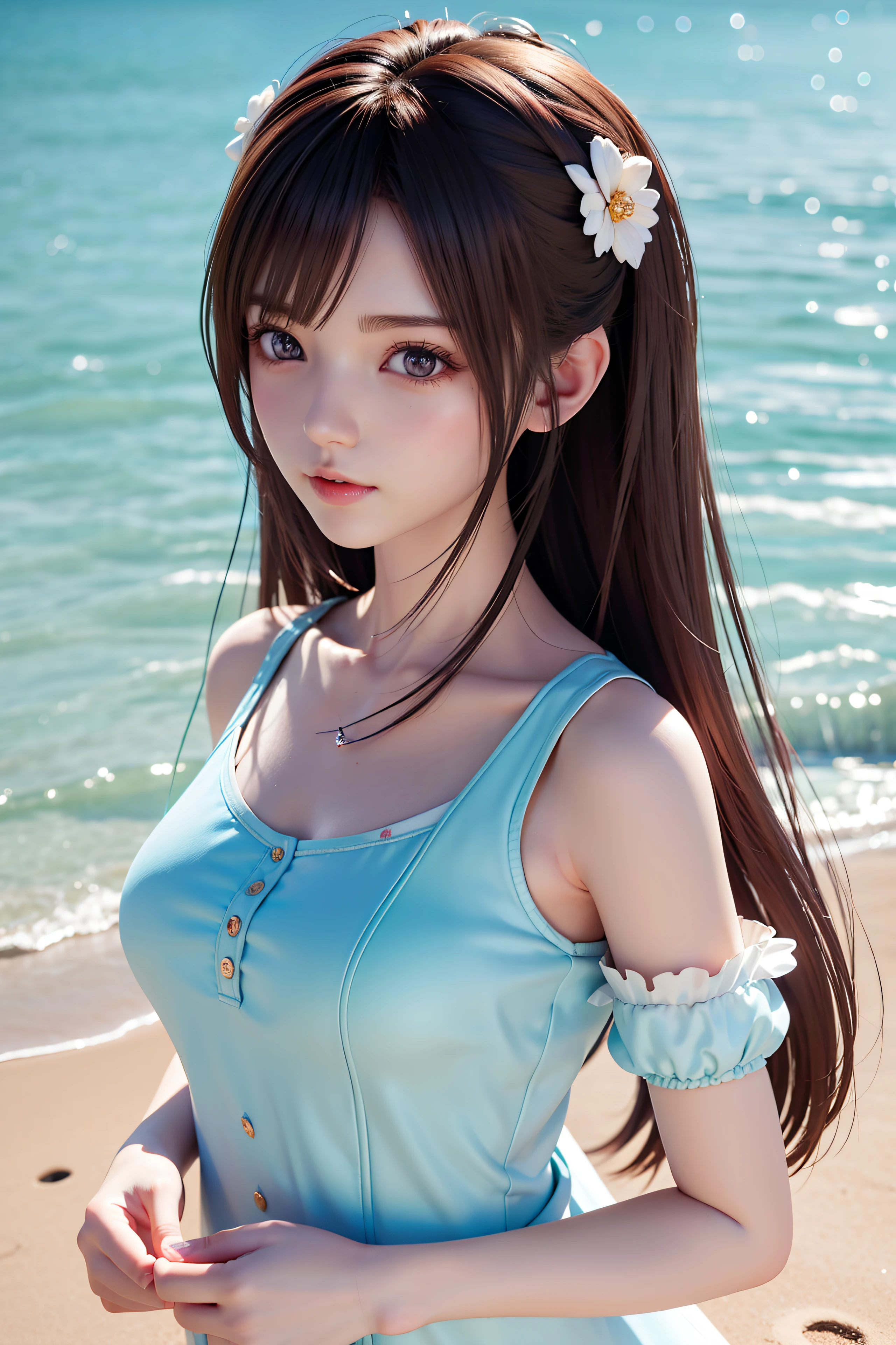 There is a woman holding a teddy bear on the beach, Kawaii realistic portrait, Cute anime girl, anime visual of a cute girl, Smooth anime CG art, Guviz-style artwork, portrait of cute anime girl, cute portrait, a beautiful anime portrait, Beautiful anime girl, Cute anime girl portrait, Realistic anime 3 D style