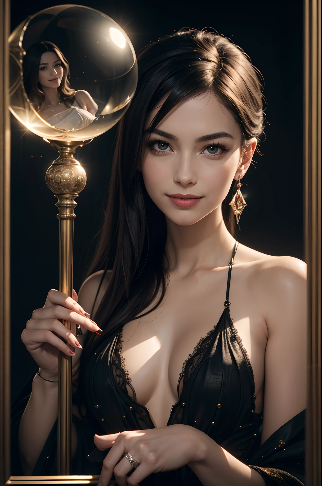 A mysterious tarot lady gazes into her crystal ball, predicting the future with a flick of her wrist.Test, highly realistic, ruddy skin, beautiful, full lips, a minuscule amount of clothing, smiling, feeling of lightness and joy, hyperrealism, skin very elaborated, direct gaze, by alex1shved