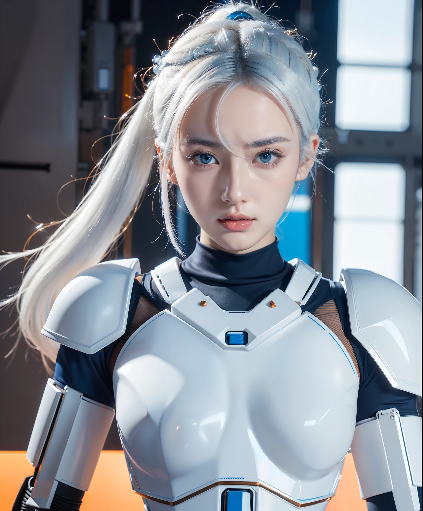 Woman in her 20s, Korean, (Perfect face), defined jawline, Beautiful lips, (beautiful bright blue eyes), (White hair, pony tails), (Perfect anatomy), (atheletic body), (Sexy), (Perfect hands), (Intricate geometric robot white body armor, Orange and bronze decorations), (view the viewer), (medium shot photograph), (Futuristic industrial factory background), Photorealistic