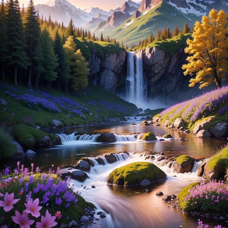 Purple flowers,moutains,the woods,small stream,waterfallr,rainbowing,the setting sun