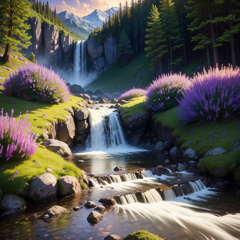 Purple flowers，moutains，the woods，small stream，waterfallr，rainbowing，the setting sun