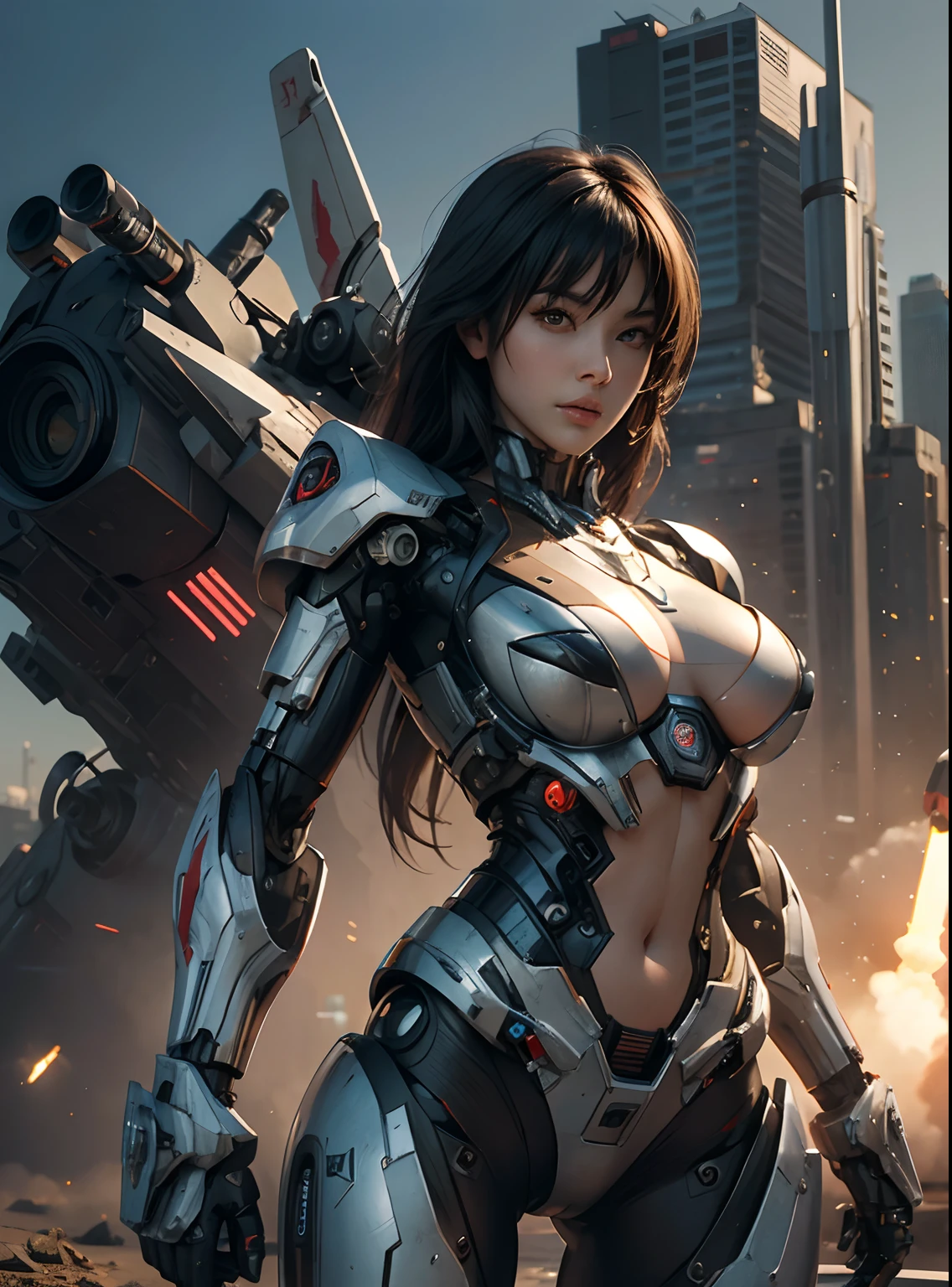 Textured skin, Super Detail, high details, High quality, Best Quality, hight resolution, 1080p, hard disk, Beautiful,(cyborgs),((Missile-shaped boobs)),(Machine gun on the back),beautiful cyborg woman,Mecha Cyborg Girl,Battle Mode,Girl with a Mecha Body,She wears a battle cyborg mech with a weapon,Fulll body Shot