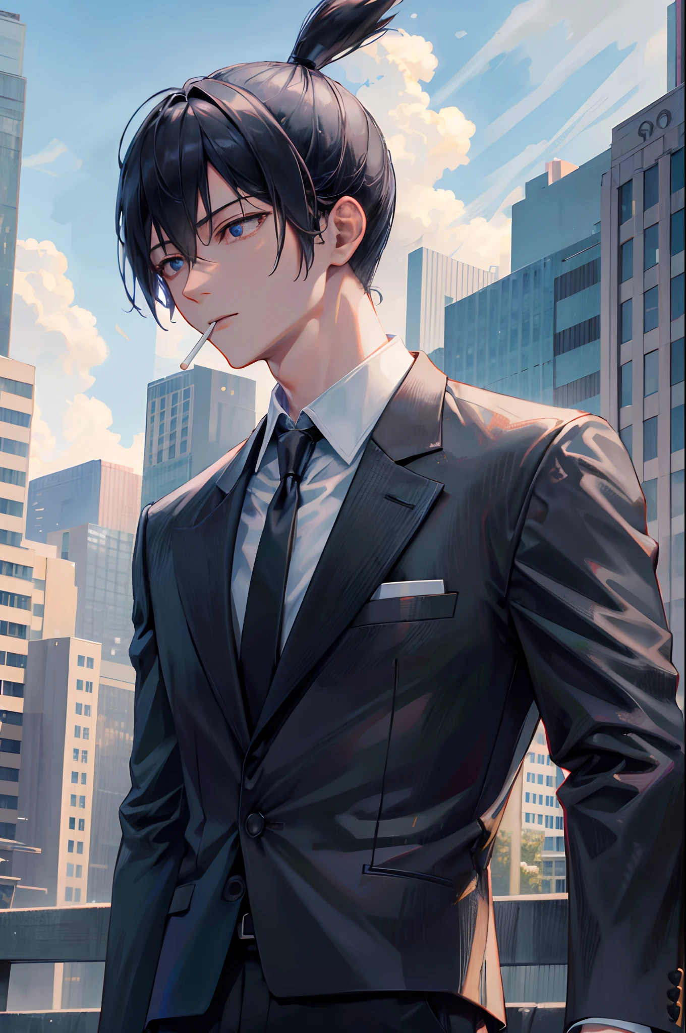 (absurdres, highres, ultra detailed, HDR), masterpiece, best quality, hayakawa aki, 1boy, solo, handsome, topknot, thin and slender, default_cloth, black jacket, collared shirt, black necktie, black pants, smoking, cigarette, detailed face, detailed eye, detailed hair, detailed outfit, collapsed cityscape, luxurious, 8k, detailed, ray tracing, depth of field, cinematic lighting, looking at another, cloudy sky, city