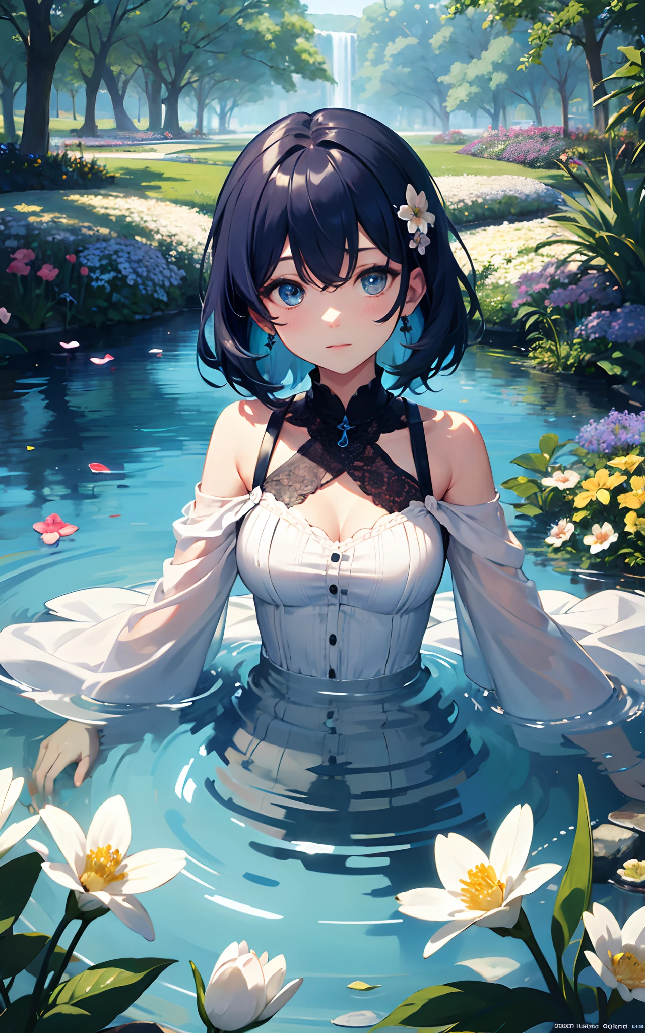 absurdres, highres, (official art, beautiful and aesthetic:1.2), 
1girl, blue hair, middle hair, blue eyes, shining eyes, 
flower background, flower effects, (spring garden:1.3), light effects, 
(fractal art:0.3), water effects, ripple effects,
close view,