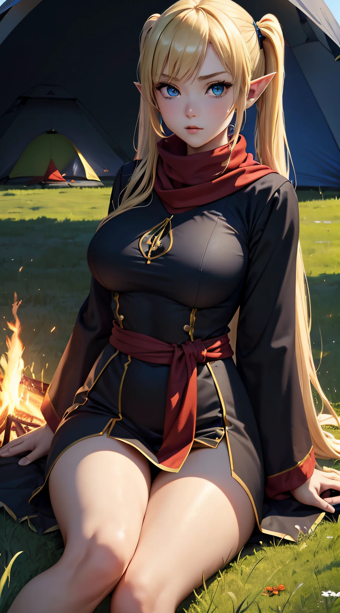 top-quality、Top image quality、masterpiece、An elf girl((18year old、Best Bust、big bast,Beautiful blue eyes、Breasts wide open, Blonde twintails、A slender,Large valleys、Reflecting the whole body、red scarf、Clothes in black robes、Physical education sitting))hiquality、Beautiful Art、Background with((Night Tent、camp fire、Large grasslands)))、,masutepiece、visualart、depth of fields、