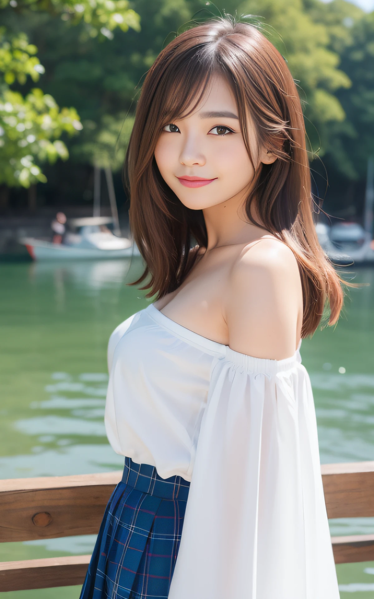 ((Best quality, 8K, masutepiece: 1.3)), (Sharp focus: 1.2), Quaint lakeside village,There are colorful rowing boats on the shore, 1 girl, full bodyesbian, stunning elegant pose,Neat and clean beauty, 20 years old, Half Japanese and half American, looks away, Classy and Elegant, Beautiful girl with perfect figure, Smile coyly, Cute, Shy, ((Straight shoulder-length hair swaying in the wind)), Big breasts, (blouse: 1.1), Skirt, Highly detailed face and skin texture, Detailed eyes, Background bokeh,