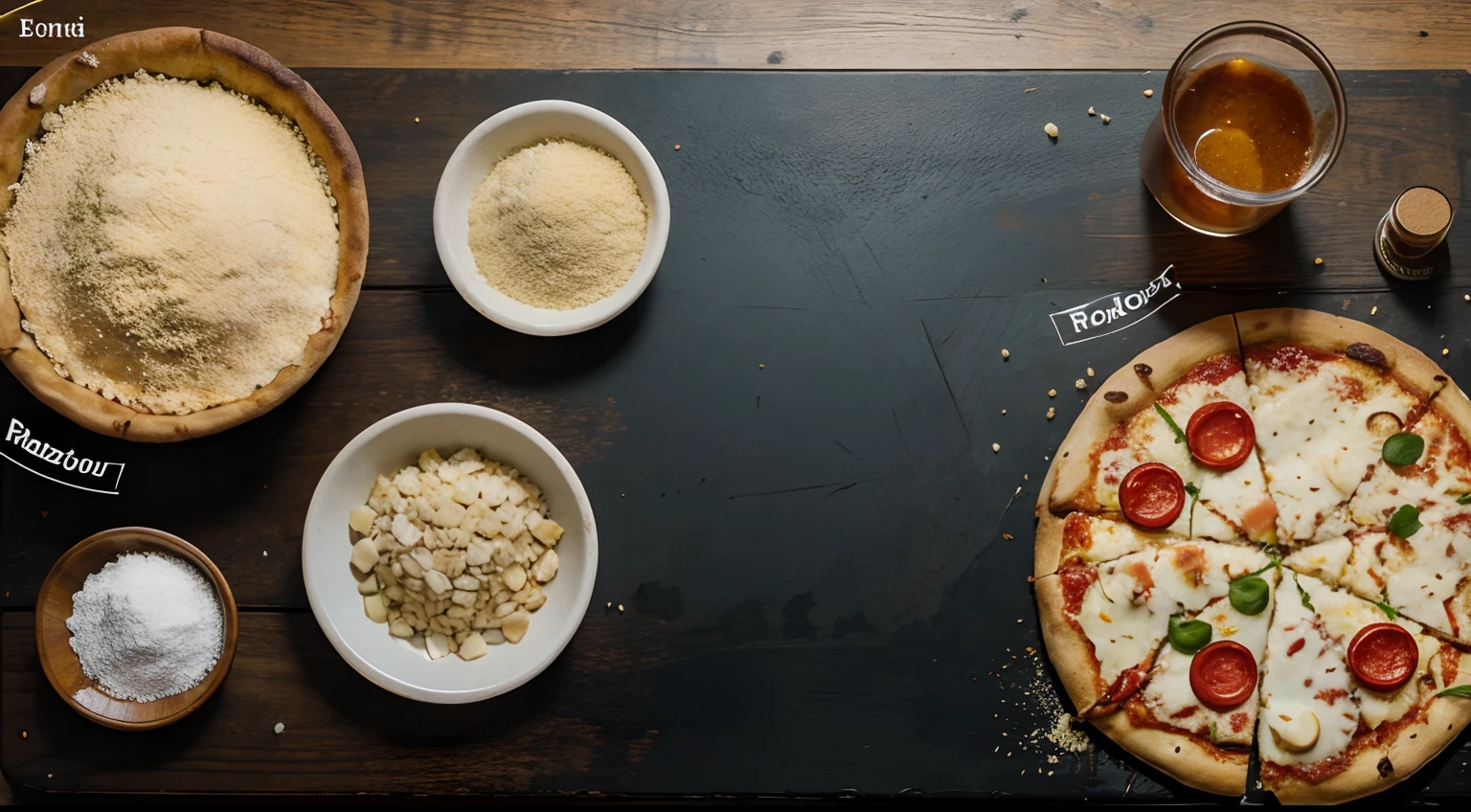 Create a bakcround with pizza and other ingredients, looking from top