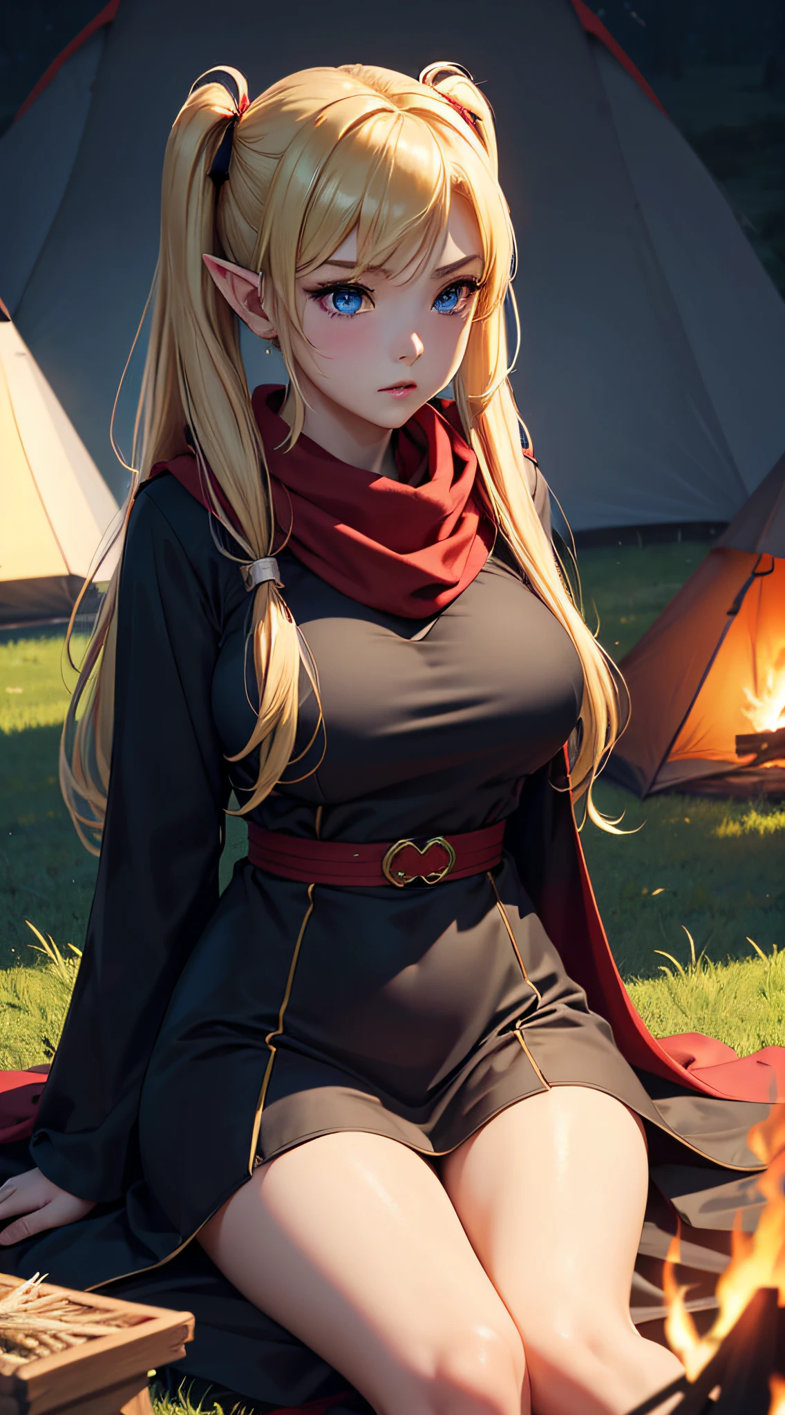 top-quality、Top image quality、masterpiece、An elf girl((18year old、Best Bust、big bast,Beautiful blue eyes、Breasts wide open, Blonde twintails、A slender,Large valleys、red scarf、Clothes in black robes、Extend your right hand、Put your left hand on your chest))hiquality、Beautiful Art、Background with((Large grasslands、sunrises)))、,masutepiece、visualart、depth of fields、