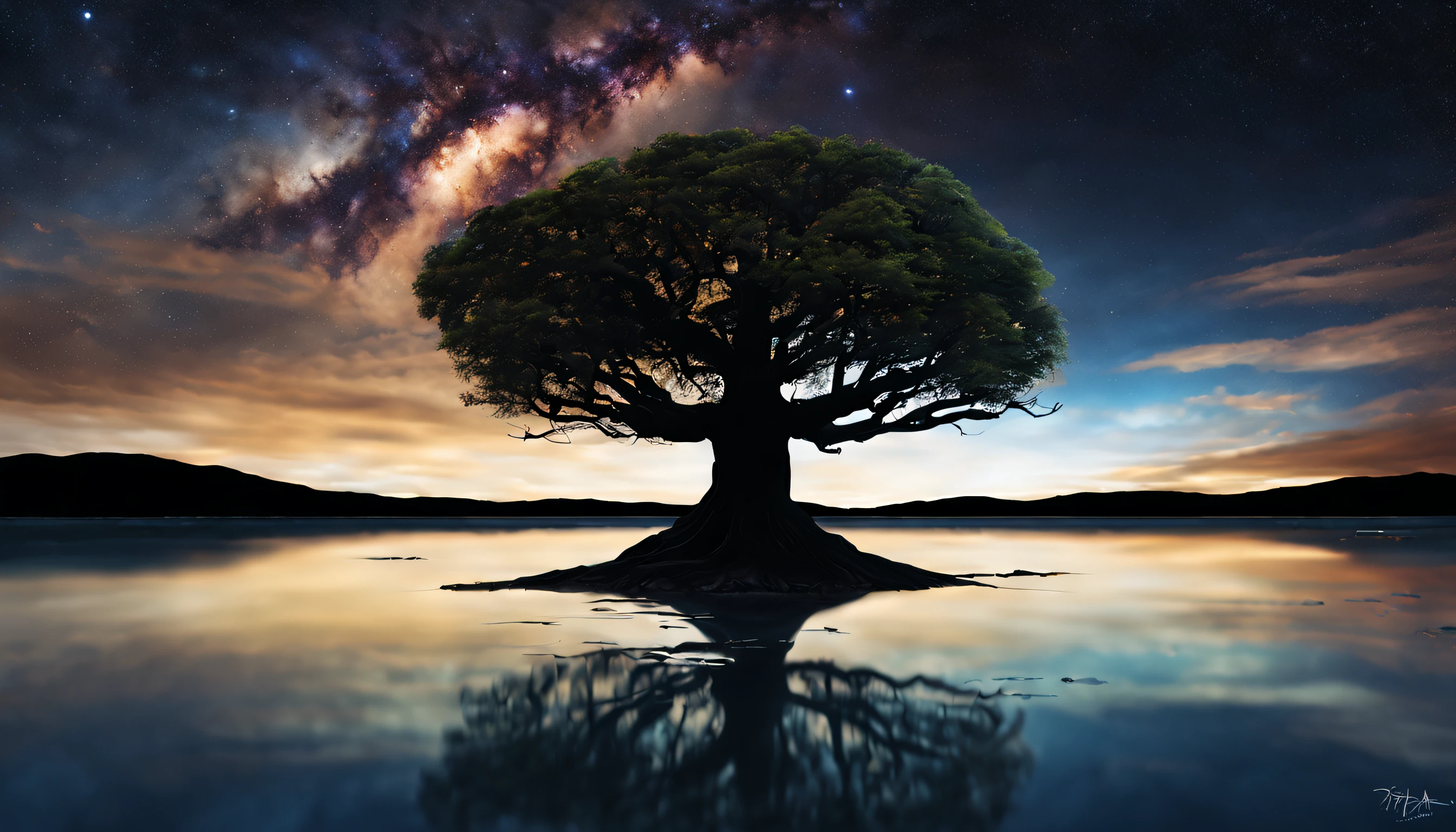 The Tree of Life is reflected in the ocean below the night sky, Chiaroscuro, Epic wide angle, dystopian, Matt Neo Romanticism, metaphysical painting, In the style of Yoan Losrel, Evazosky's style, Ideate art, cg SOCIETY'. --Seed 777, Ultra HD, Photorealistic, 32K, --AR 16:9, --v 5.1, -- Small 155, --Chaos 1250